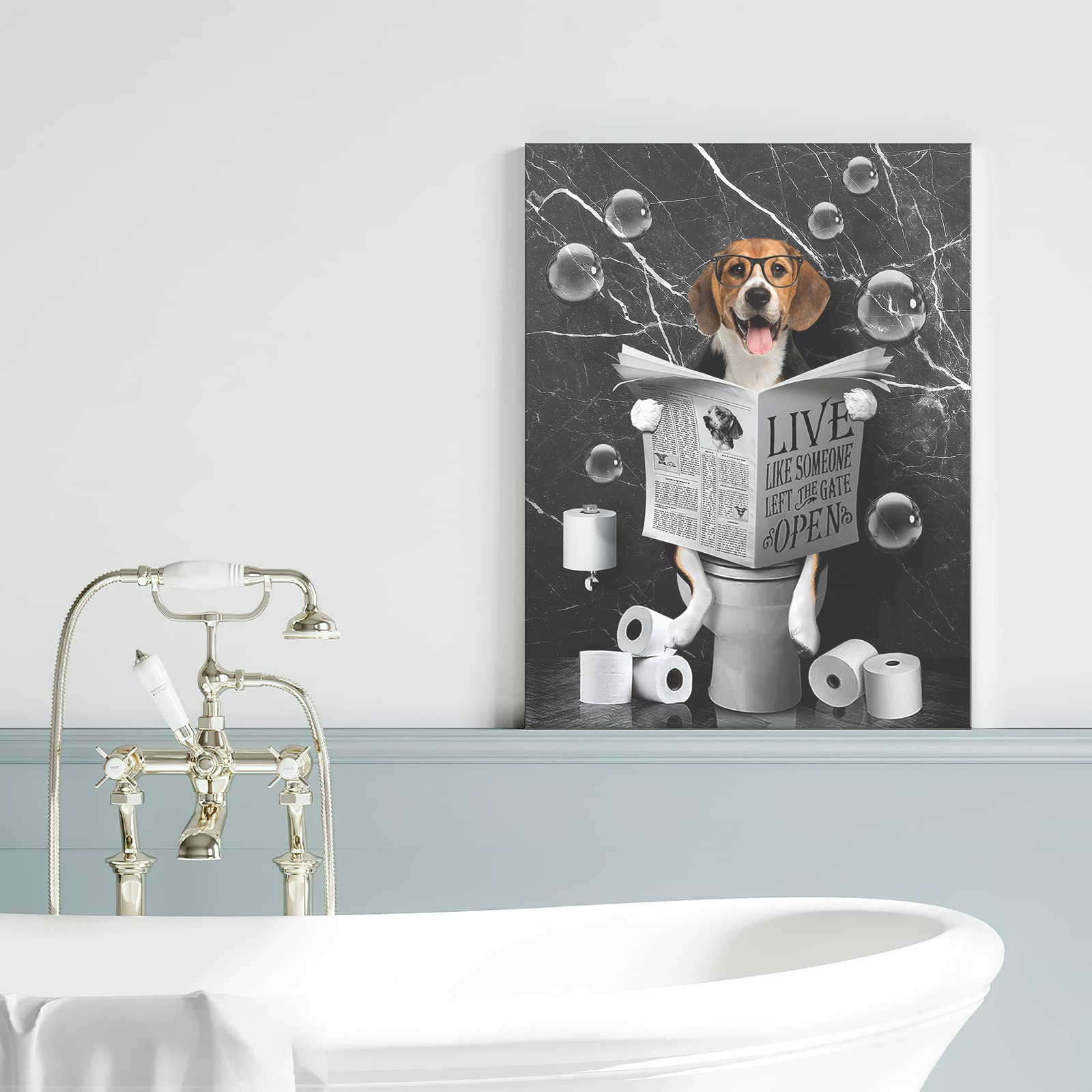 Beagle Dog Sitting In Toilet Bathroom Decor Wall Art Funny Beagle Pictures Black And White Bathroom Wall Decor Farmhouse Dogs Pa
