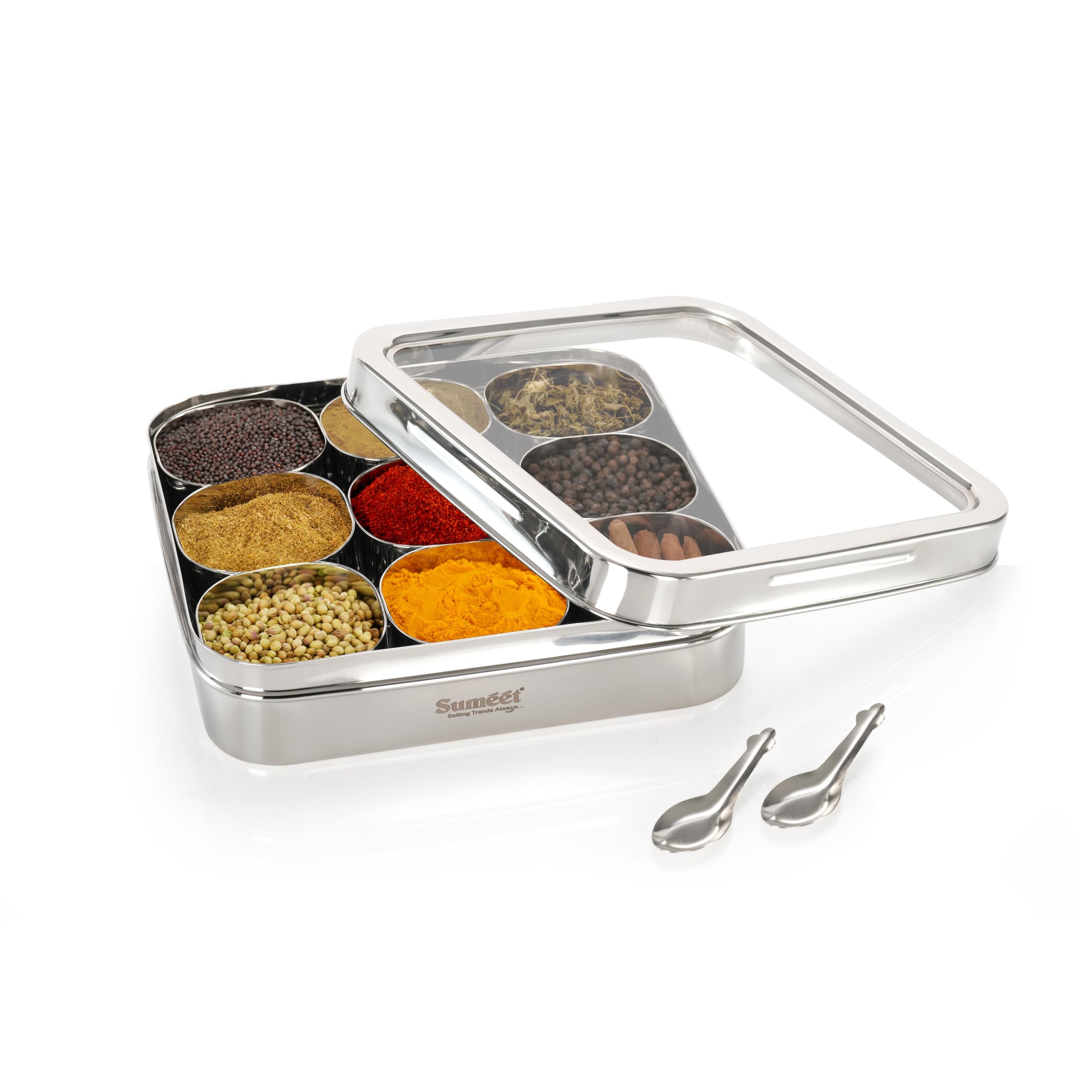 Sumeet 9 In 1 Stainless Steel Square Shape Masala Spice Box Dabba Dani For Kitchen With 9 Square Bowls + Spoon & See-Through Lid  25Cm  Big - Silver