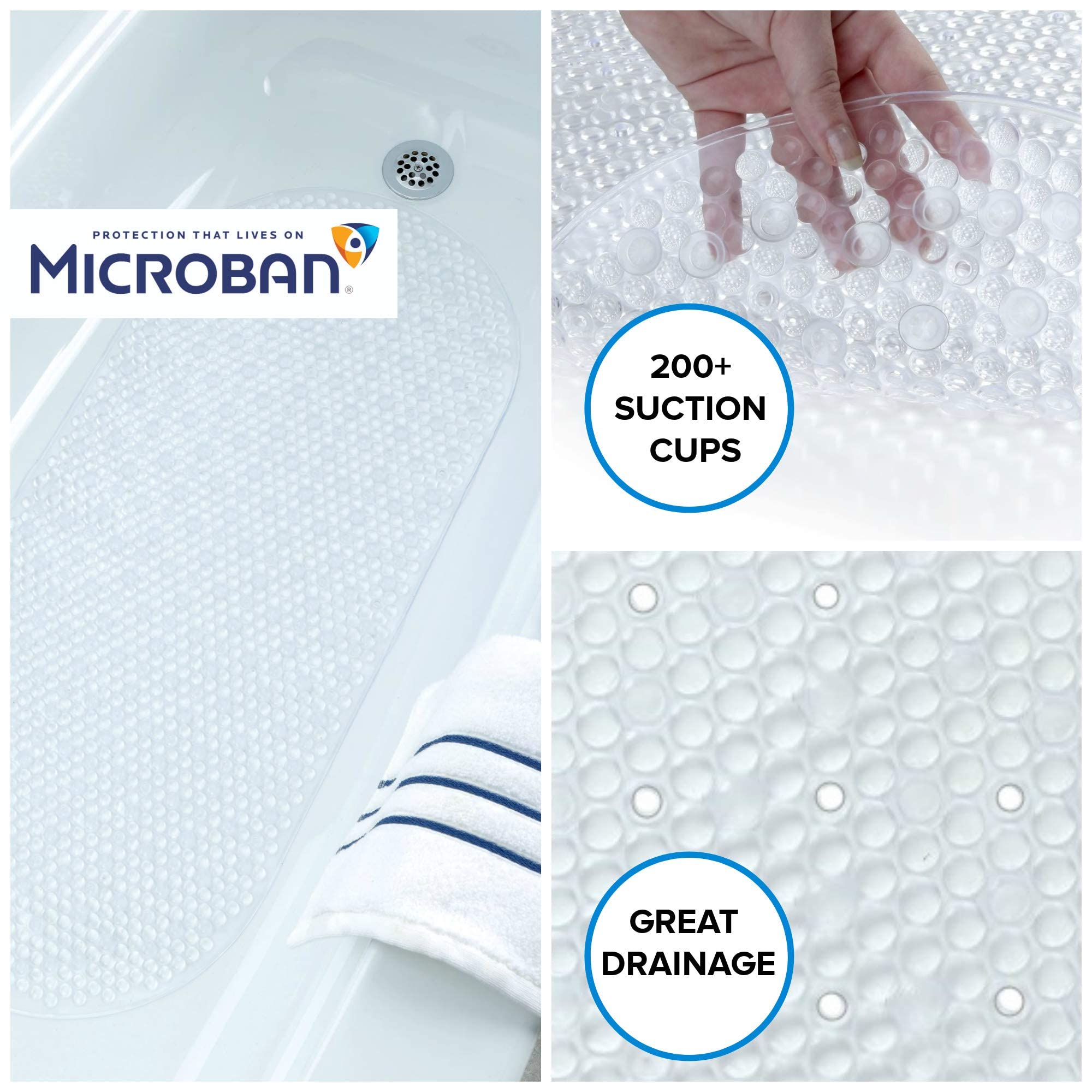 SlipX Solutions Clear Bubble Bath Mat with Microban Protection (15 x 35 Inch  Extra Long Coverage  Oval Shape  Machine Washable)