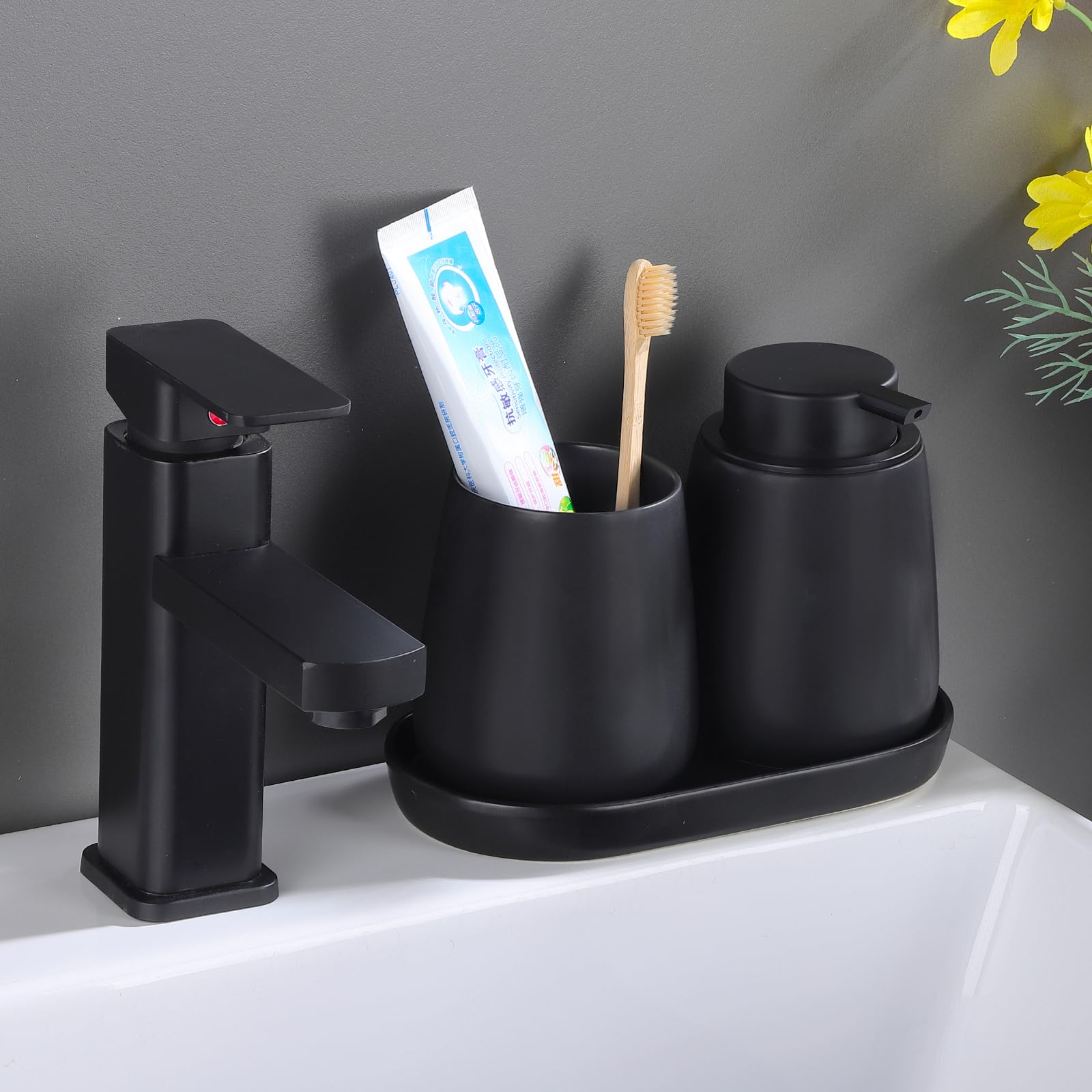 Eyrozia Matte Black Round Soap Dispenser Tray - 8'' Ceramic Vanity Tray For Bathroom Decorative, Jewelry Ring Dish, Comestic Hol