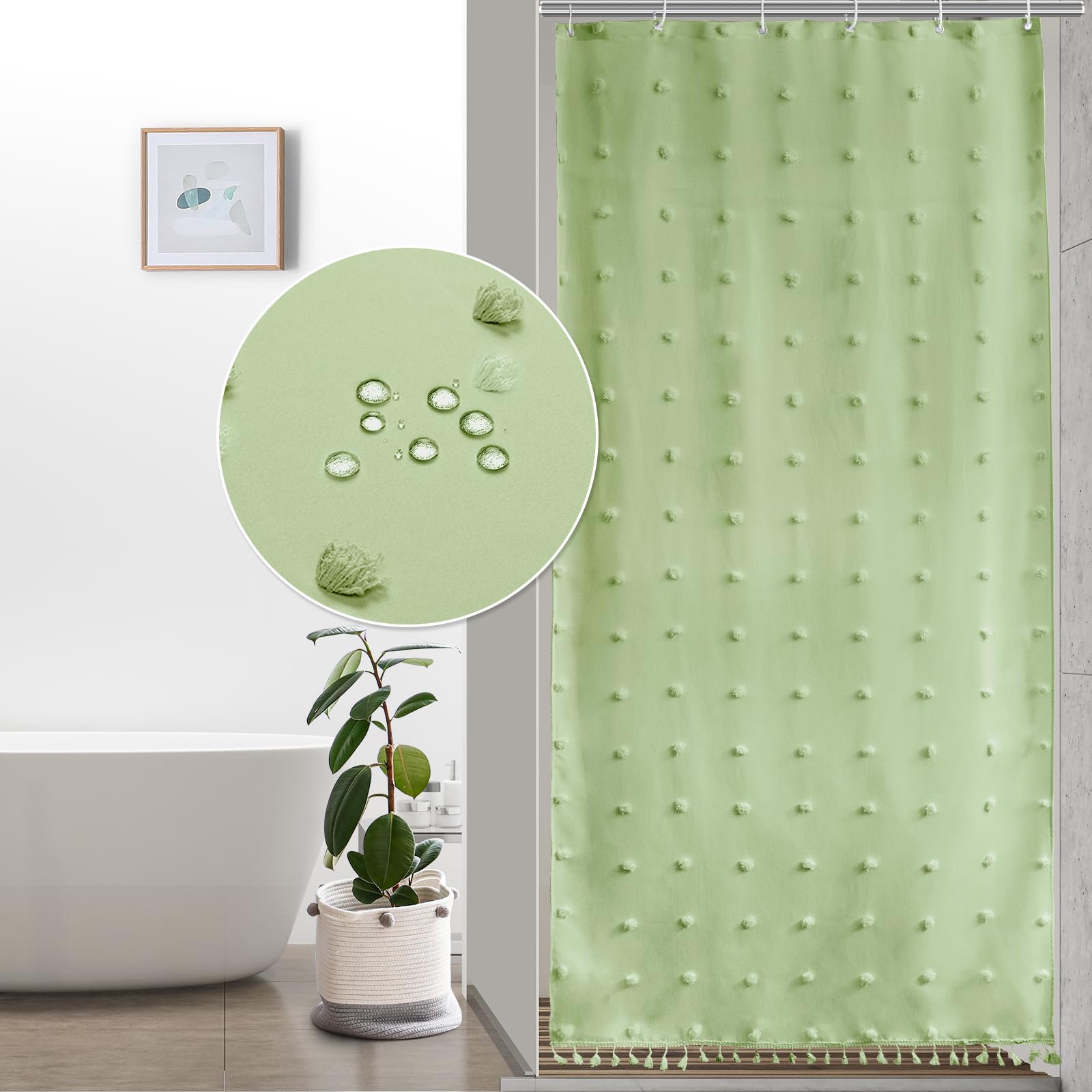 Lilycat Boho Farmhouse Sage Green Fabric Shower Curtain, 36X72 Tufted Pleat Floral Puffs Textured Tassel Cute Rustic Shower Curt