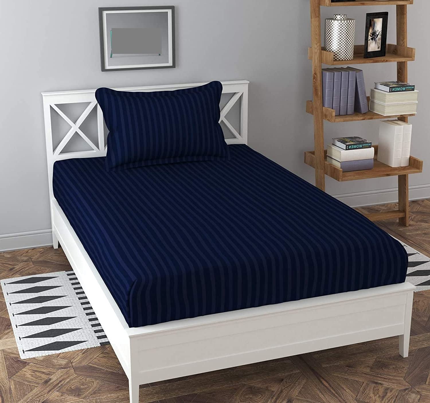 Kawi Single Bedsheet Elastic Fitted Cotton With 1 Pillow Cover(72X48 X Up To 8 Inches Mattress Size)-Blue Colour,200 Tc