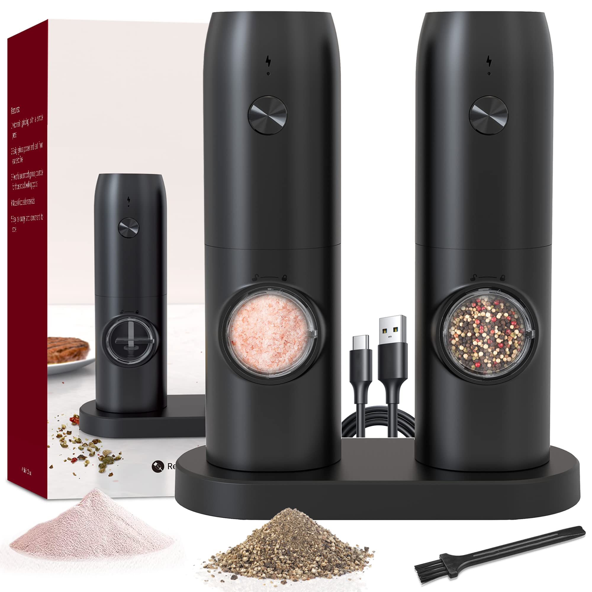 Electric Salt And Pepper Grinder Set Of 2,Automatic Pepper Mill,Usb Rechargeable,Adjustable Coarseness,One-Handed Operation,Cera