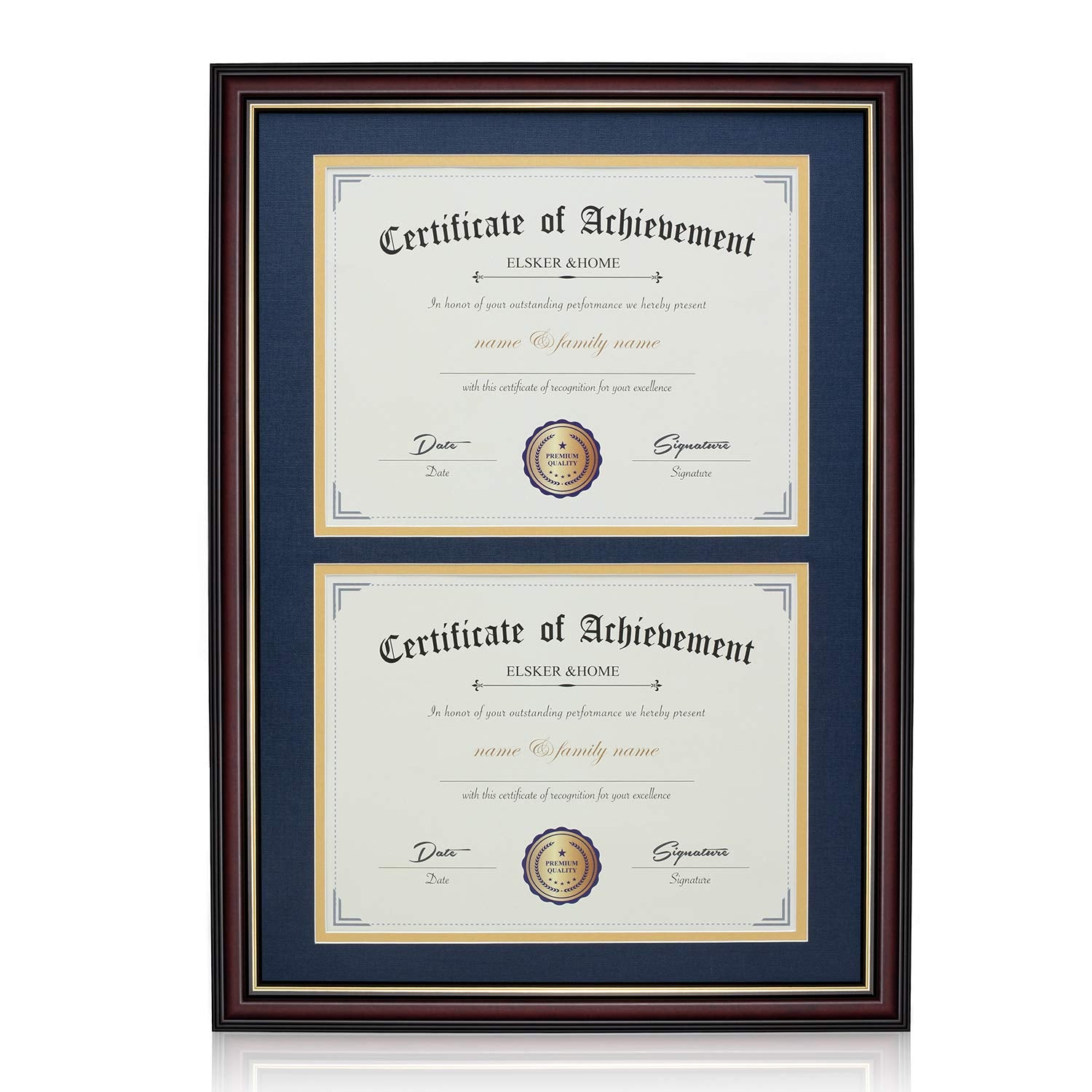 ELSKER&HOME Double Document/Photo Wood Frame - Made for Certificates&Diploma (Two 8.5x11 Inch with Mat, Navy Blue Mat with Golde