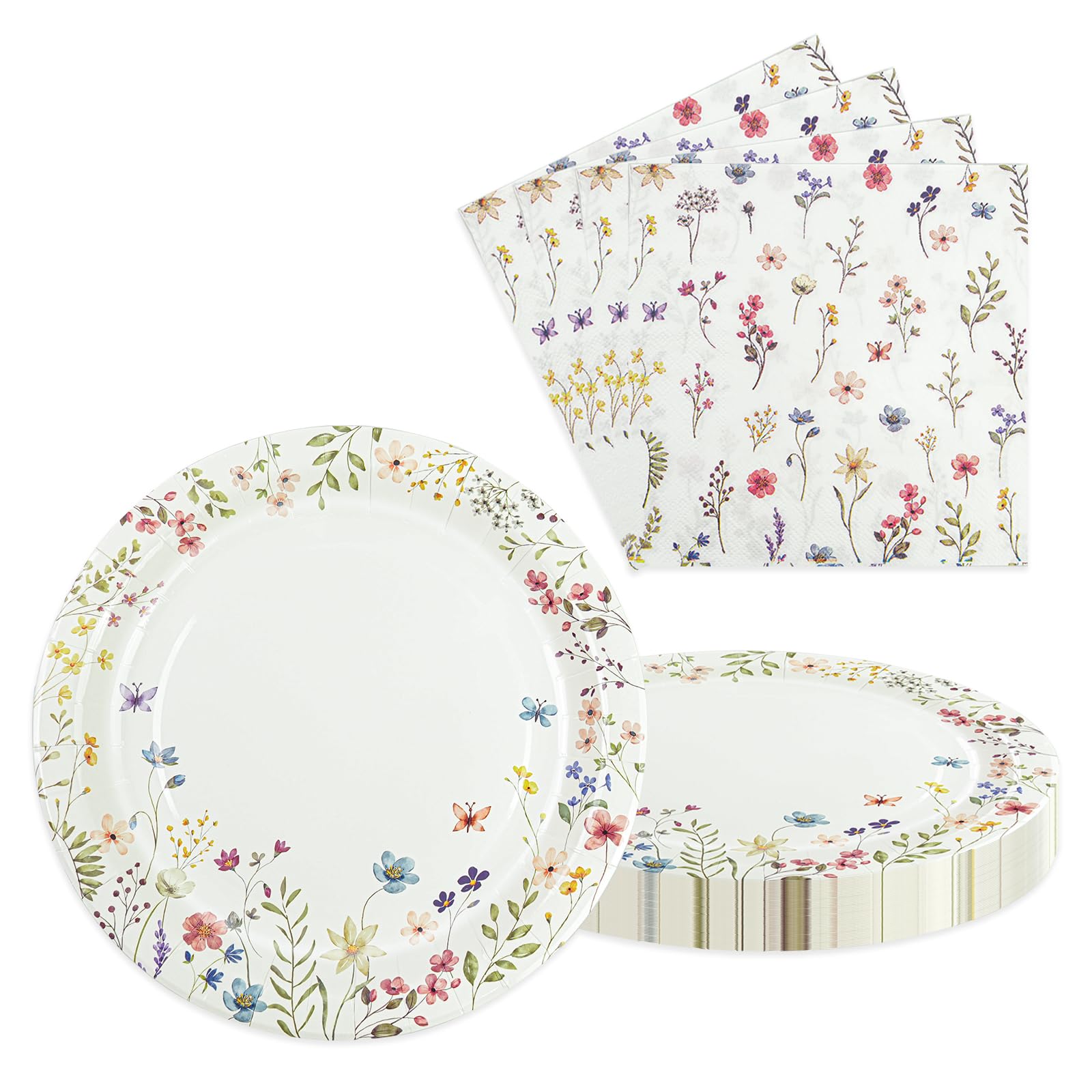 LDFDRT 40 pcs Spring Wildflower Pary Paper Plates and Napkins Disposable Flower 9 inch 20 pcs Dessert Party Plates & 20 pcs Napk