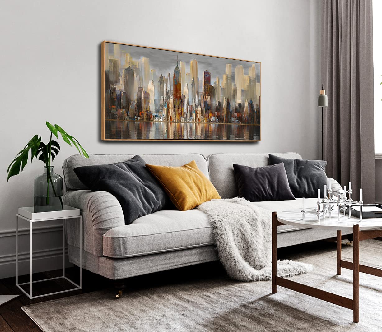 Living Room Wall Decoration, Large City Landscape, New York Wall Decoration, Abstract Brown Theme Painting, Bedroom Modern Canva