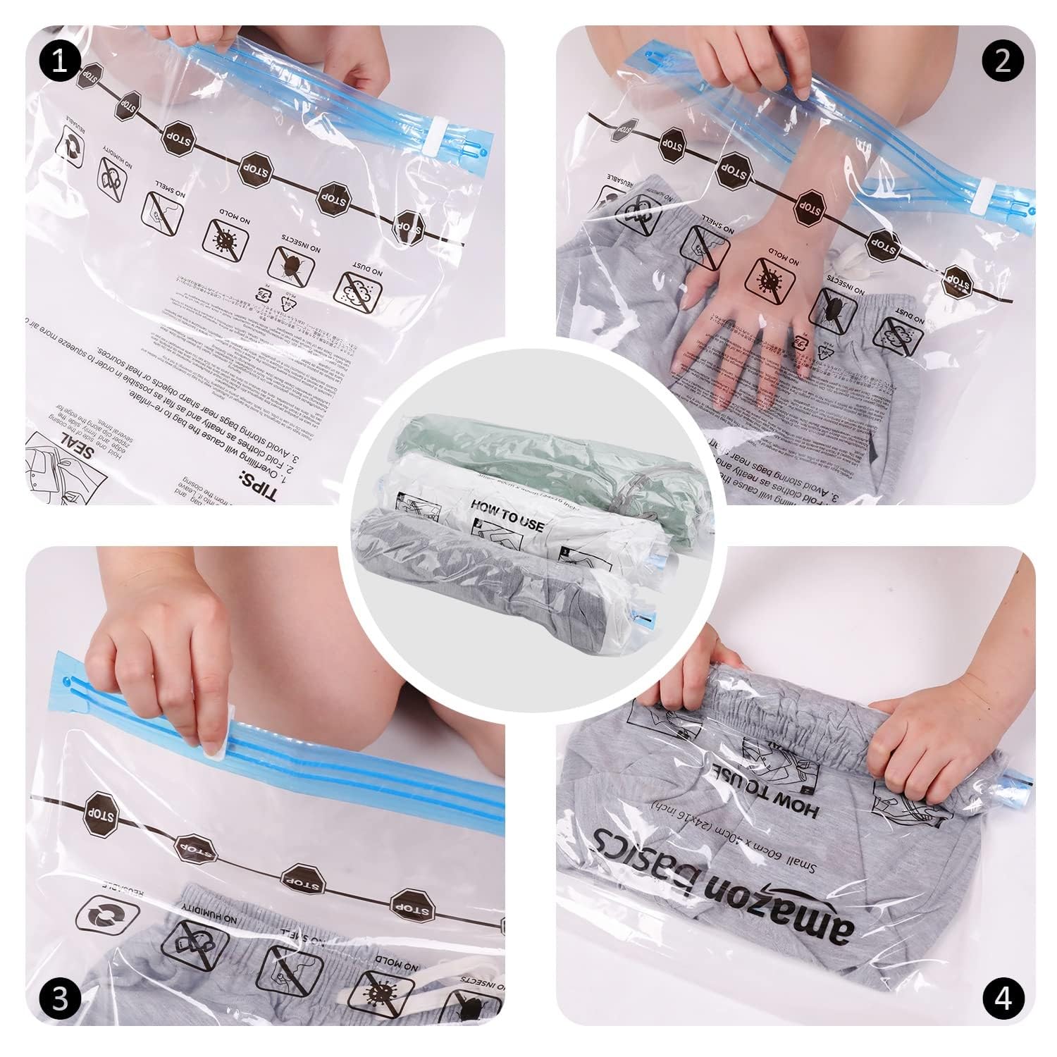 Amazon Basics Roll-Up Travel Storage Bags  12 Packs of 6 (Small & Medium)  Multiple  clear