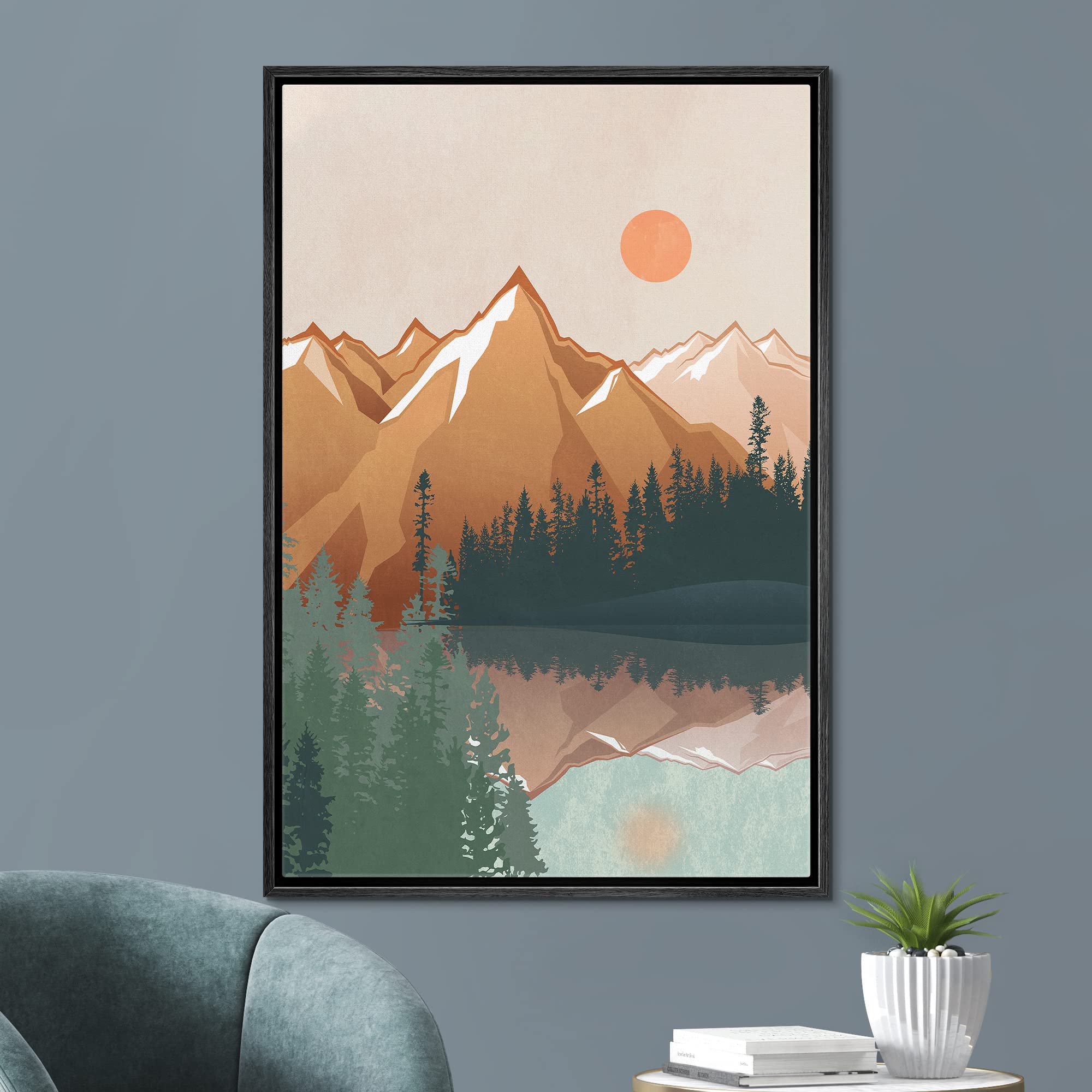 Signford Framed Canvas Print Wall Art Pastel Sunset Mountain Forest Lake Nature Wilderness Illustrations Modern Art Decorative R