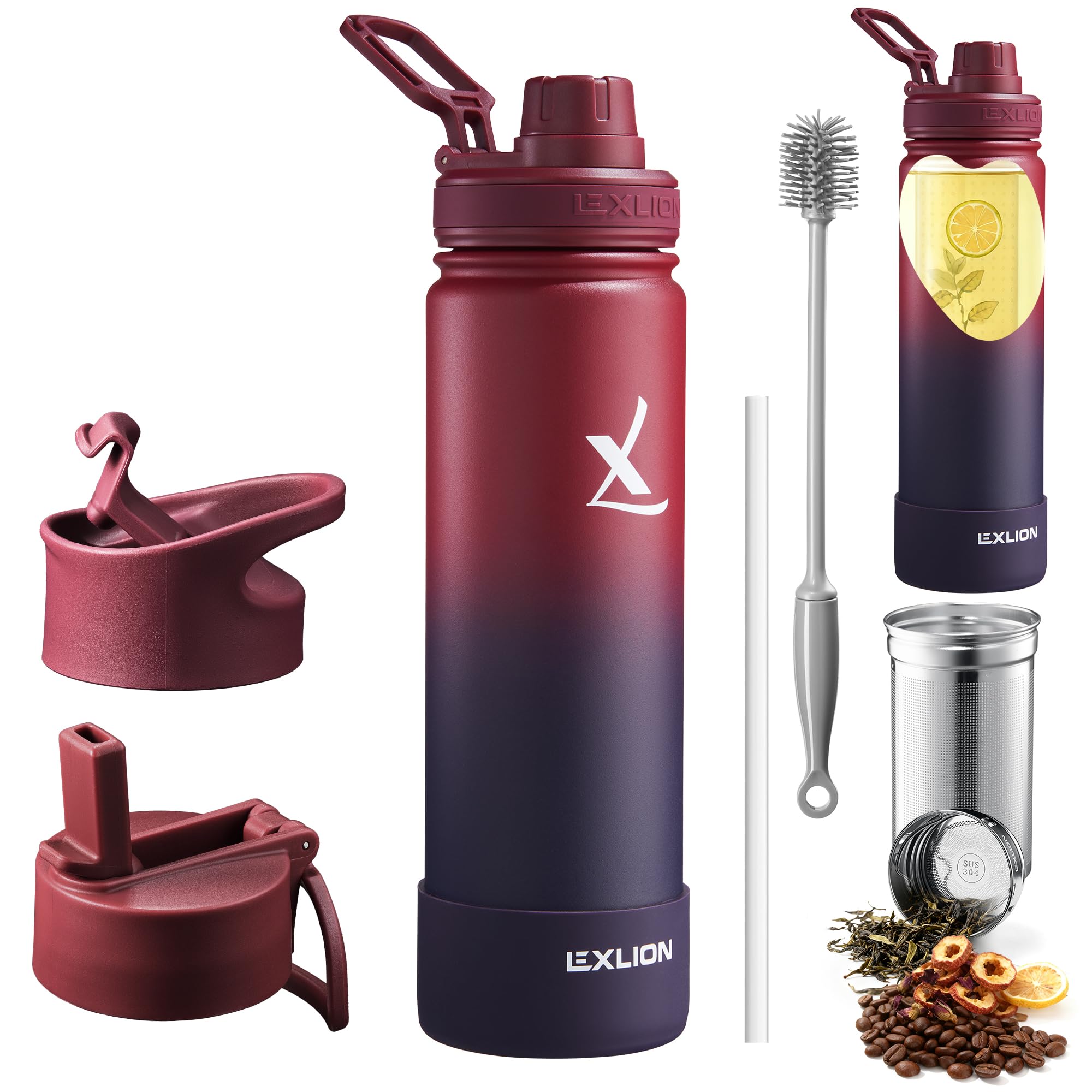 Lexlion Tea Infuser Water Bottle 22 Oz - Triple Wall Insulated Stainless Steel, Loose Leaf & Fruit Strainer, 3 Leakproof Lids, B