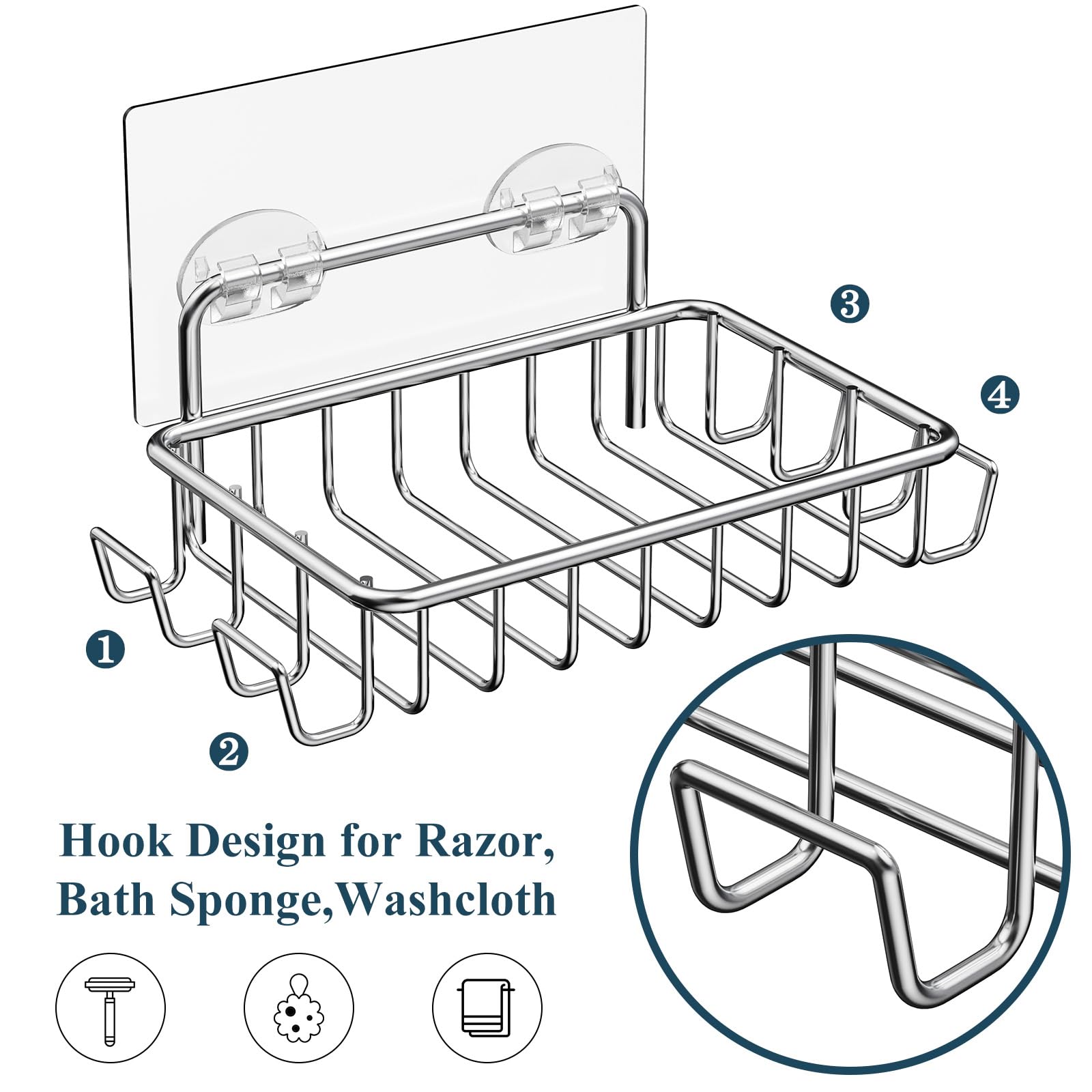 Nieifi Bar Soap Holder For Shower Wall With 4 Hooks, Stainless Steel Adhesive Soap Dish For Bathroom, Silver