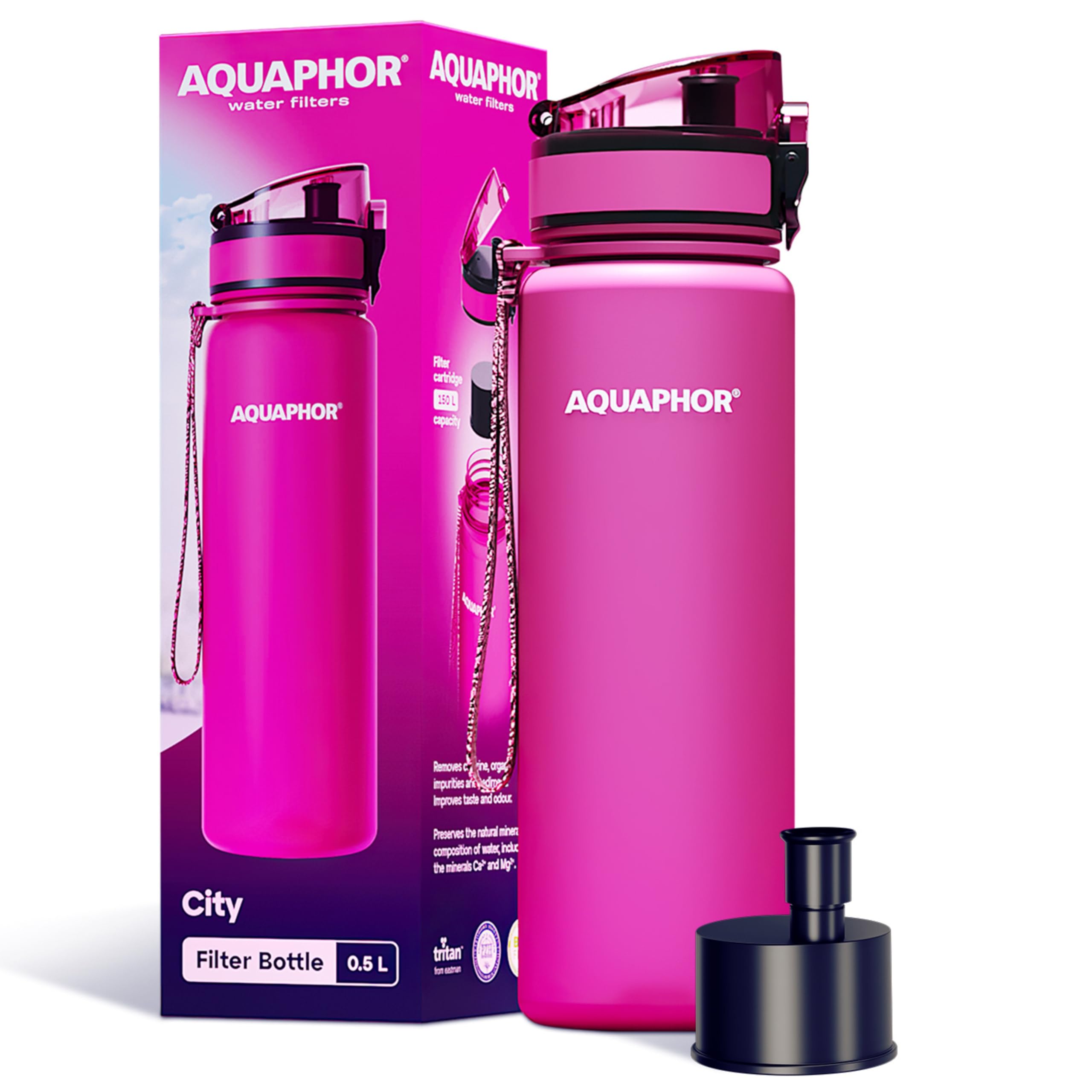 AQUAPHOR City Bottle 500ml Pink  Travel Water Bottle with Activated Carbon Filter  Filters Chlorine & Impurities  Made of Tritan & BPA-Free  Stay Hydrated On The Go!