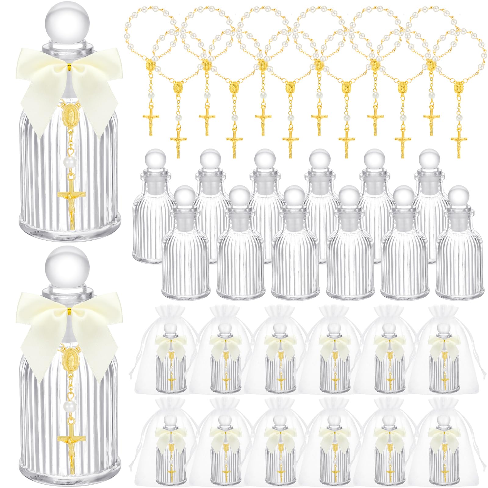 Chuangdi 12 Sets Holy Water Bottle Baptism Favors for Guest Catholic Holy Bottle with Cross Rosary Bow 50ml Empty Glass Water Co