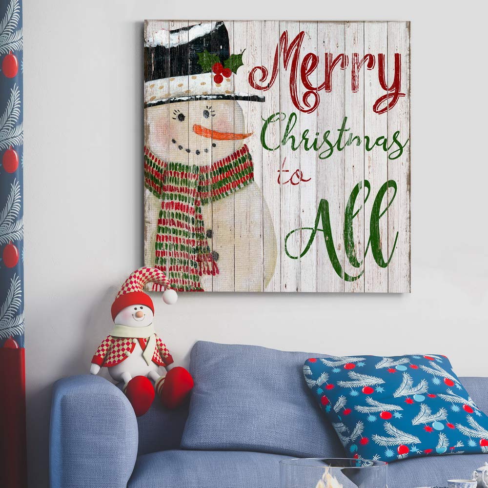 Renditions Gallery Merry Christmas To All Snowman Wall Art, Winter Artwork, Vintage Faded Faux Wood Design, Premium Gallery Wrap