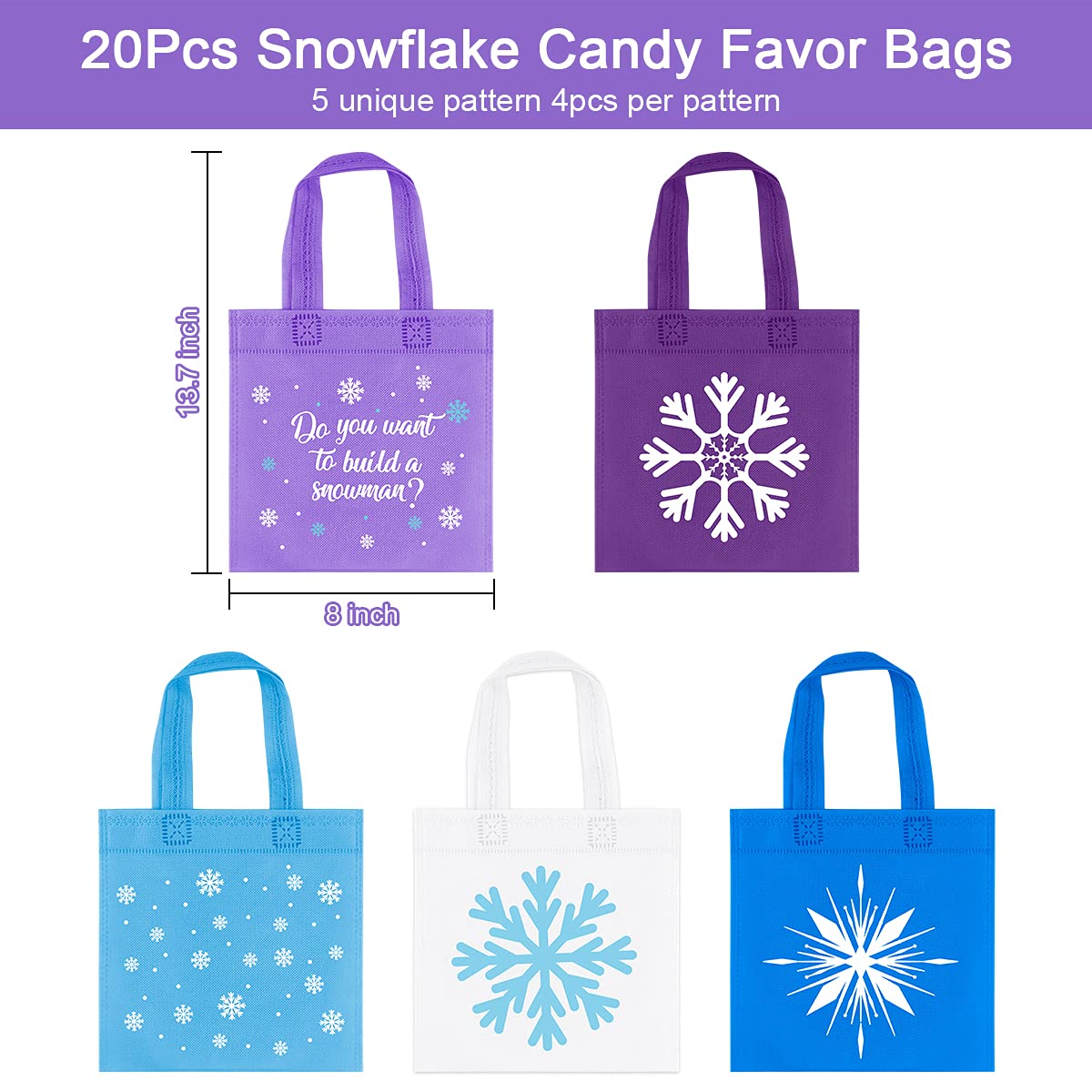 20Pcs Snowflake Party Favors Bag  Winter Frozen Non-Woven Candy Treat Bags  Winter Theme Goodie Gifts Tote Bags for Kids Snowflake Holiday Party Winter Wonderland Birthday Baby Shower Party Supplies