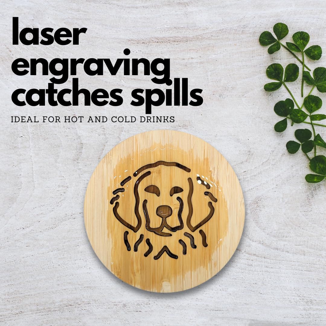 Set Of 6 Bamboo Coasters With Holder - 3.9'' Fun Dog Coasters - Non-Stick Absorbent Engraved Laser-Cut Coasters With Dog Face -