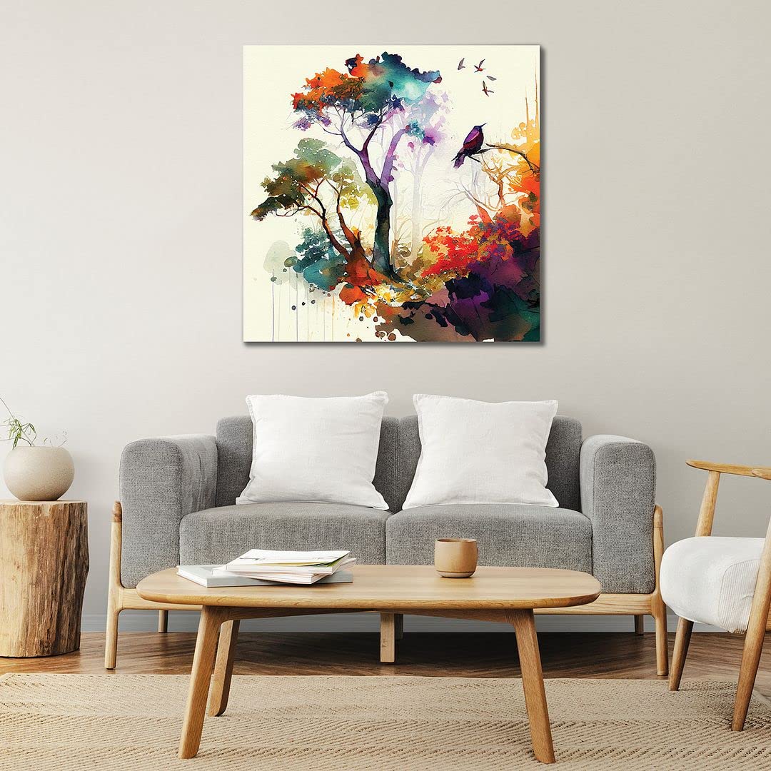 CVANU Floral Theme with Birds Printed Canvas Wall Painting with Wooden Frame for Decoration(24x24inch) 202305-137