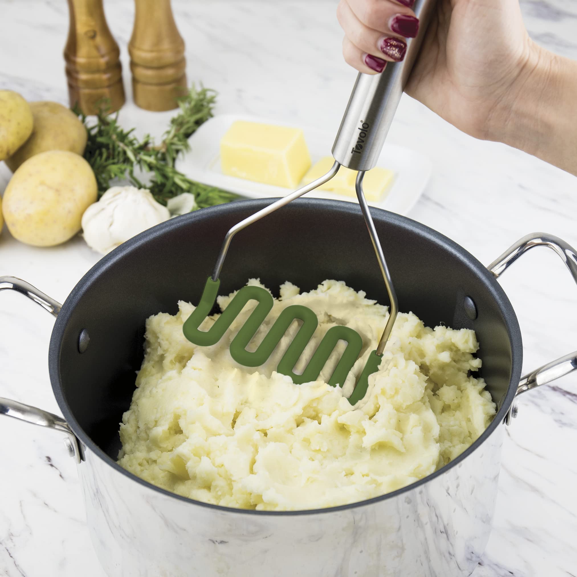 Tovolo Silicone Potato Masher, Stainless Steel Handle & Core, Food Mashers Kitchen Utensil, Vegetable Ricer & Avocado Blender, S