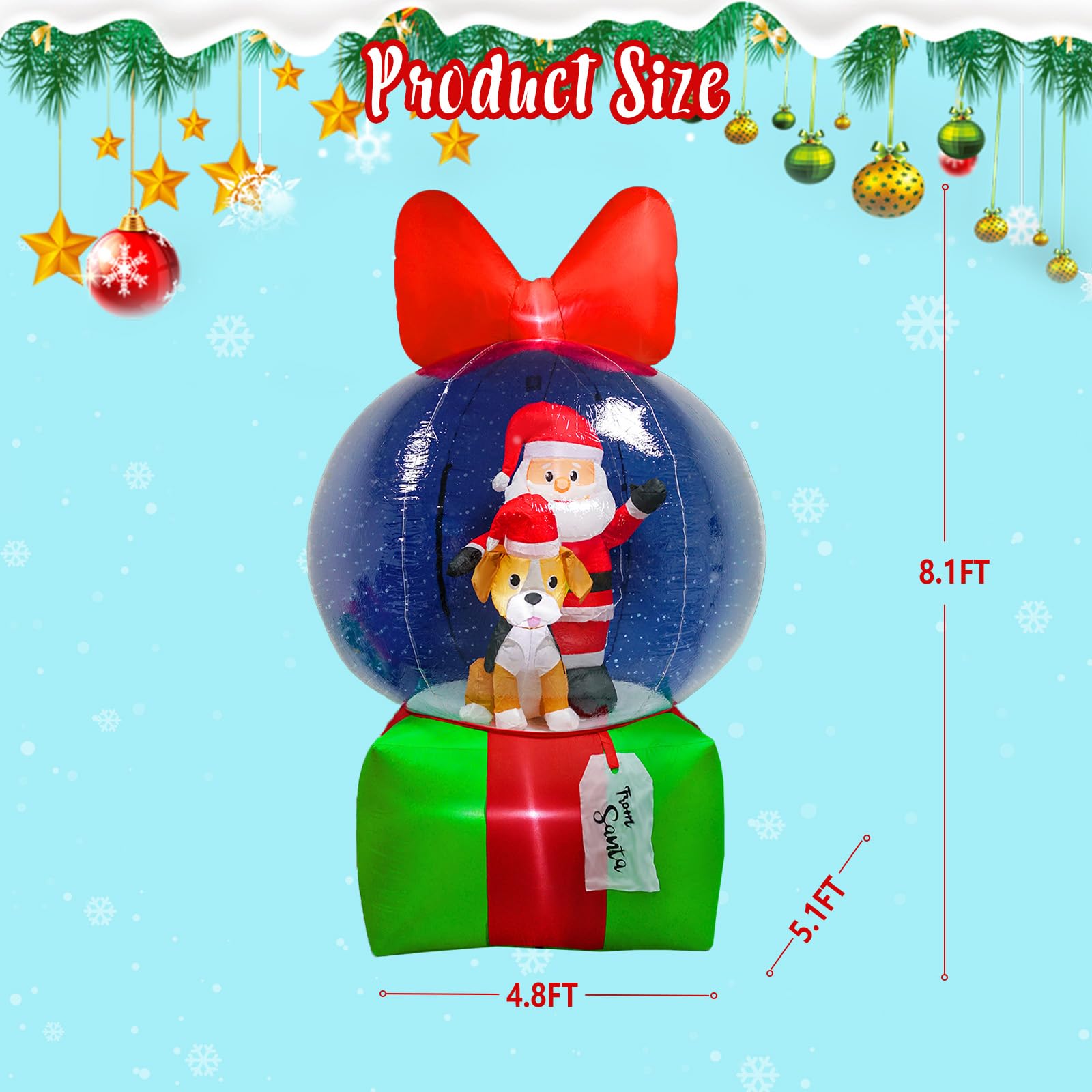 UniqSeason 8Ft Christmas Inflatable Snow Globe Decoration with Santa & Puppy in Xmas Snow Ball Blow Ups with Gifts Box Built-in