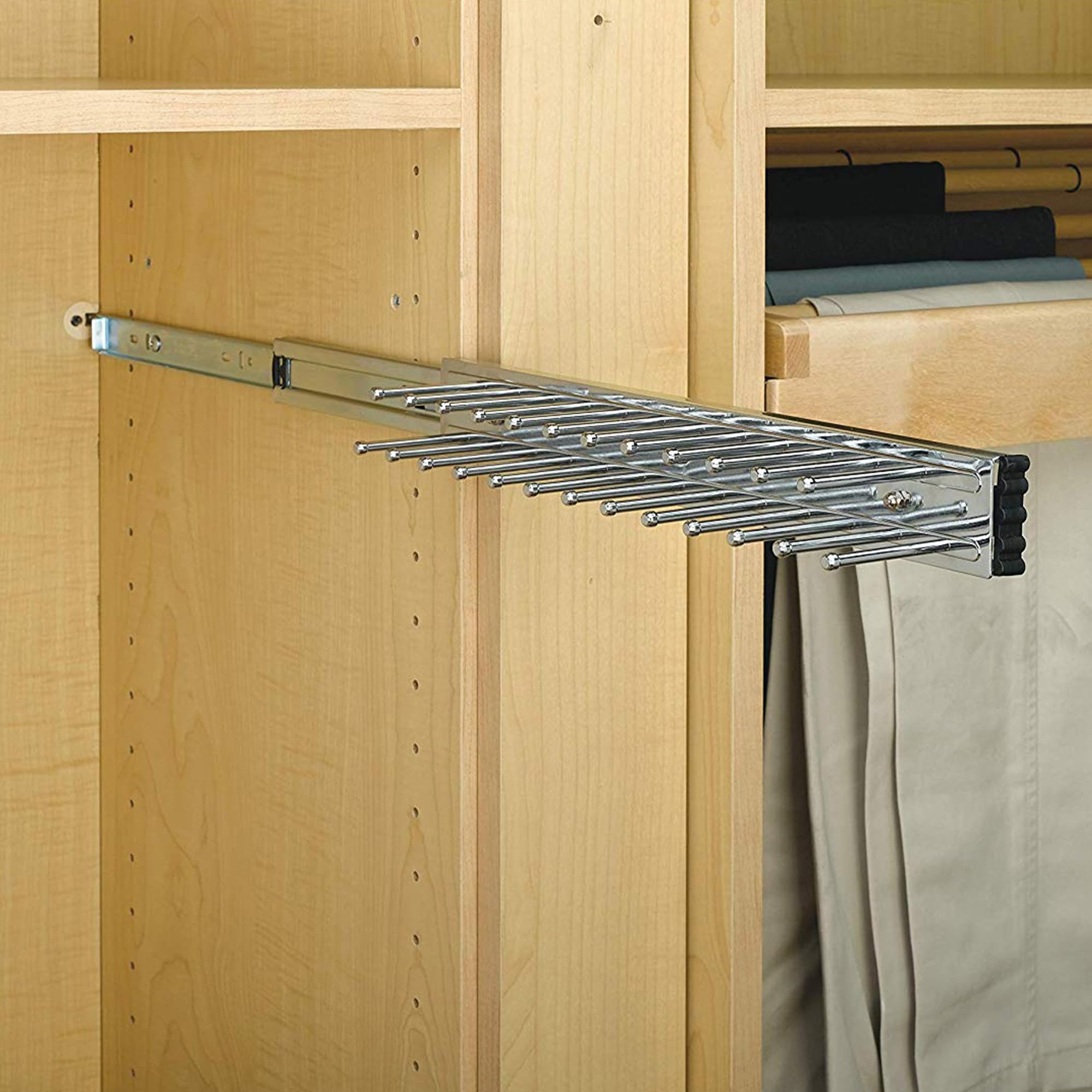 Rev-A-Shelf Pull Out 12'' Side Mount Extending Closet Tie & Belt Organization Storage Rack Holder for Up to 23 Ties  Chrome  TRC-12CR