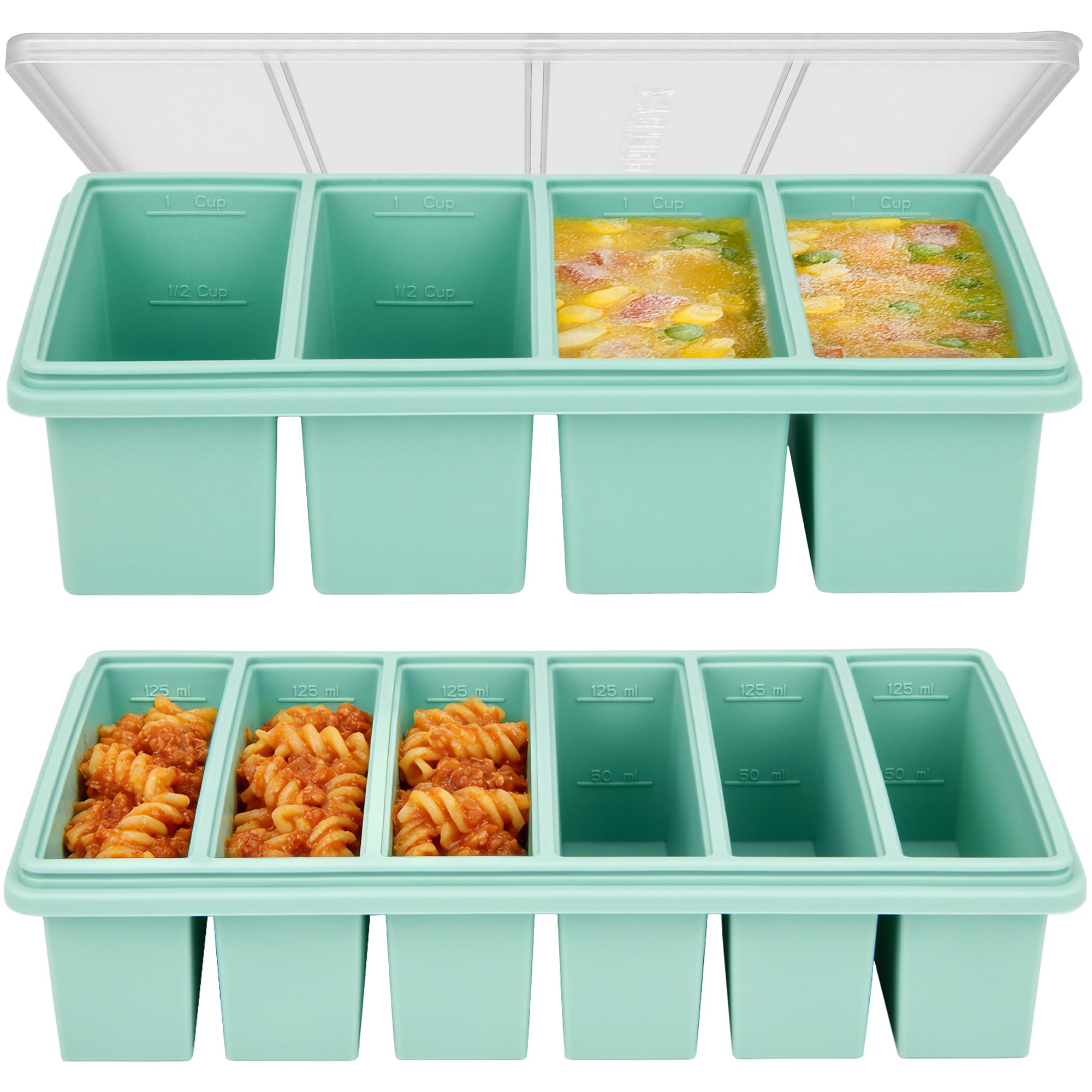 Silicone Freezer Trays with Lids, 1 Cup & 1/2 Cup Combo, Soup Container Style Ice Cube Trays, Reinforced Steel Rims, For Freezin