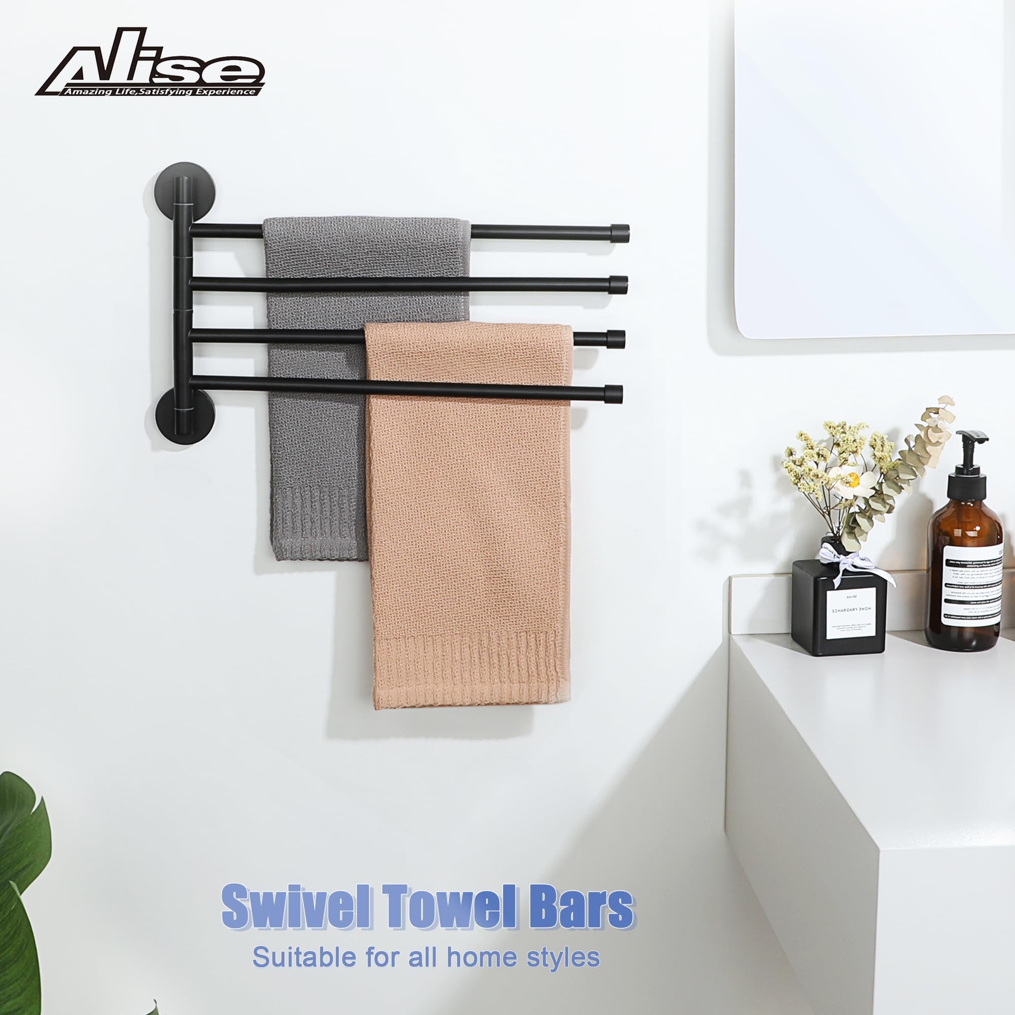 Alise Swivel Towel Rack Folding 4 Arms Hand Towel Bars Towel Hanger for Bathroom Wall Mount Drying Racks for Laundry SUS304 Stainless Steel Swing Out Towel Holder Storage Space Saving Matte Black