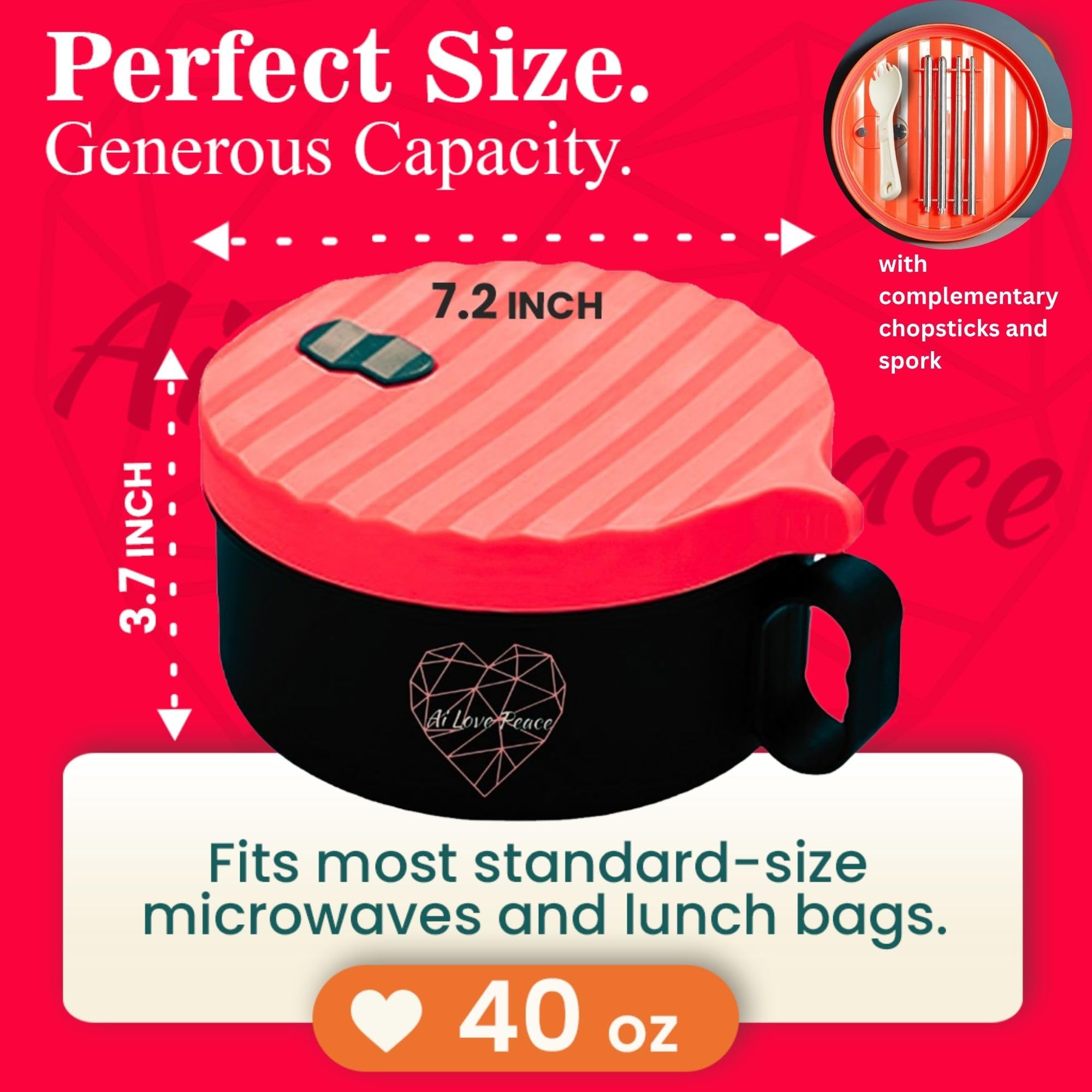 AI LOVE PEACE Ramen Bowls, 40 oz Large Microwavable Noodle Bowls (2 Red) with Wooden Utensils, Chopsticks, and Utensil Bag, Port