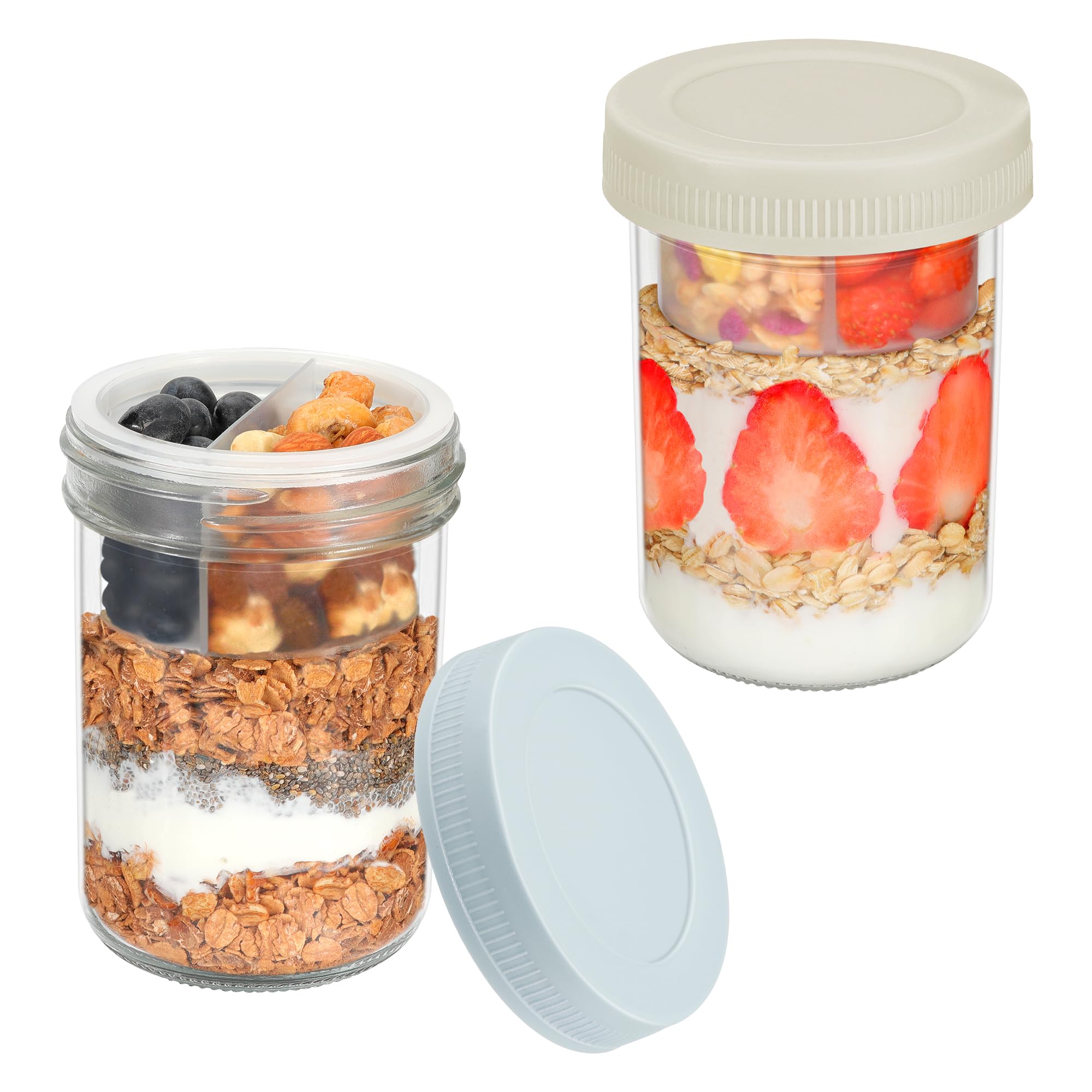 Xyptorix 2 Pack 16 oz Overnight Oats Jars with Airtight Lids, Divided Cups