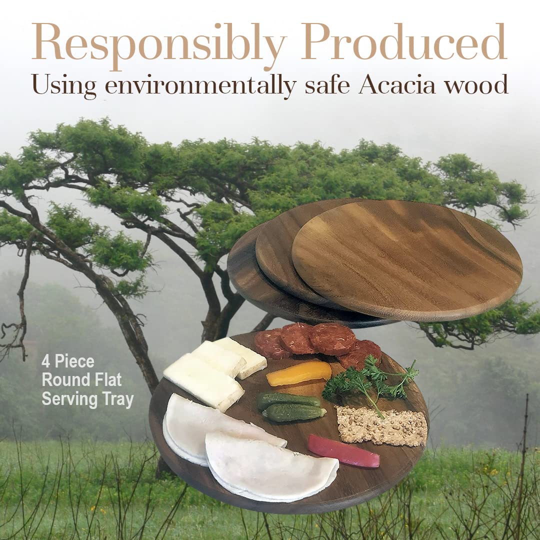 Acacia Wood, Set Of 4, 9'' Round Plates For Serving Charcuterie, Sushi, Dessert, Bread And More By Woodard & Charles