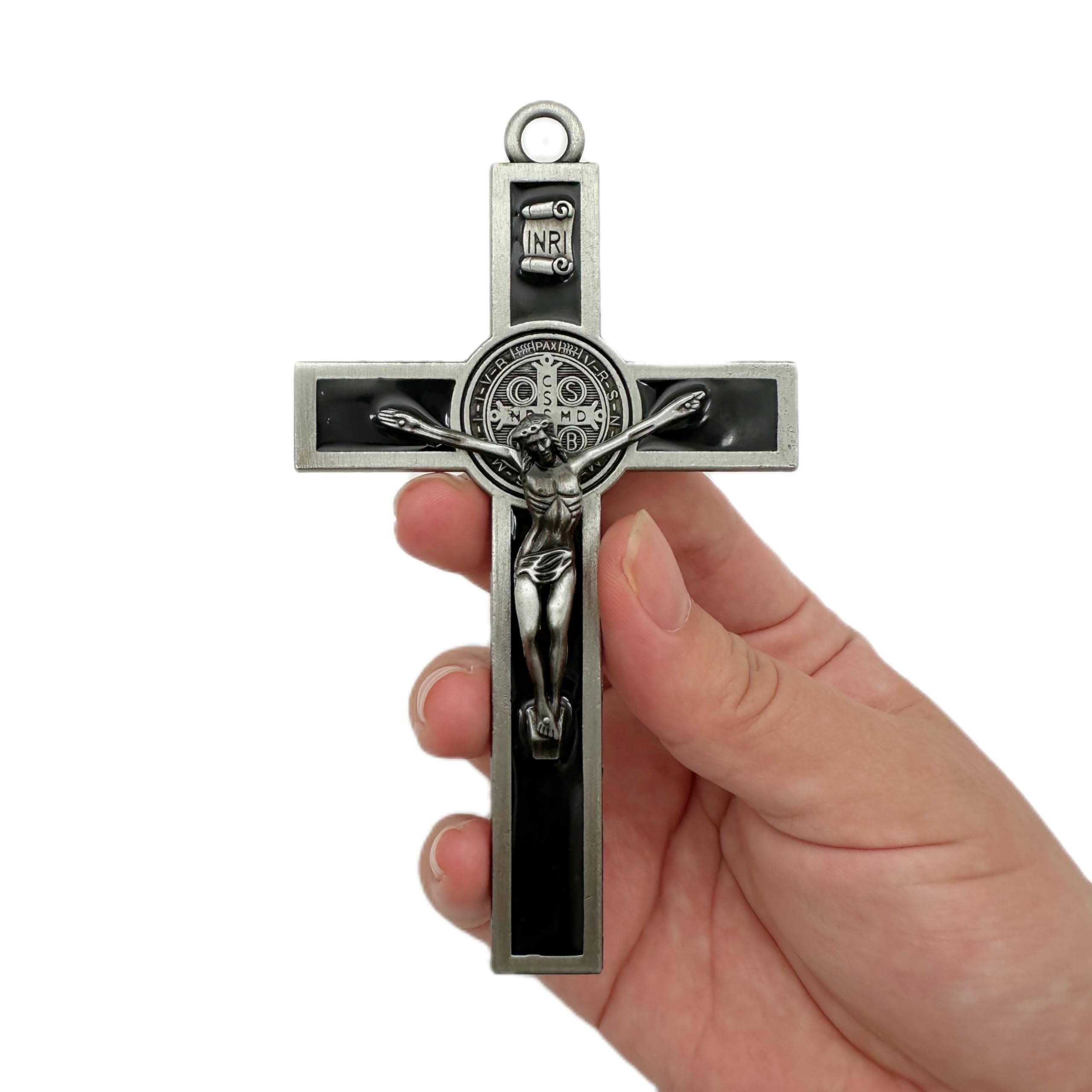 BONITTER Antique Silver Crucifix Wall Cross-St. Benedict Metal Wall Art-5.0 InchX2.7 Inch Black White Brown Enamel Give Blessing