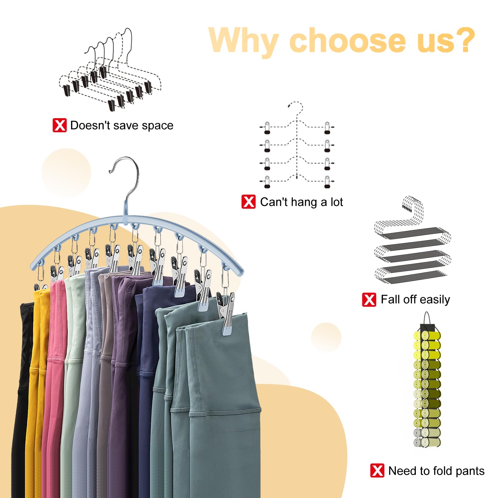 Volnamal Legging Organizer for Closet  Metal Yoga Pants Hanger w/Rubber Coated 4 Pack w/10 Clips Hold 40 Leggings  Hangers Space Saving Hanging Closet Organizer for Closet Organizers and Storage  Blue
