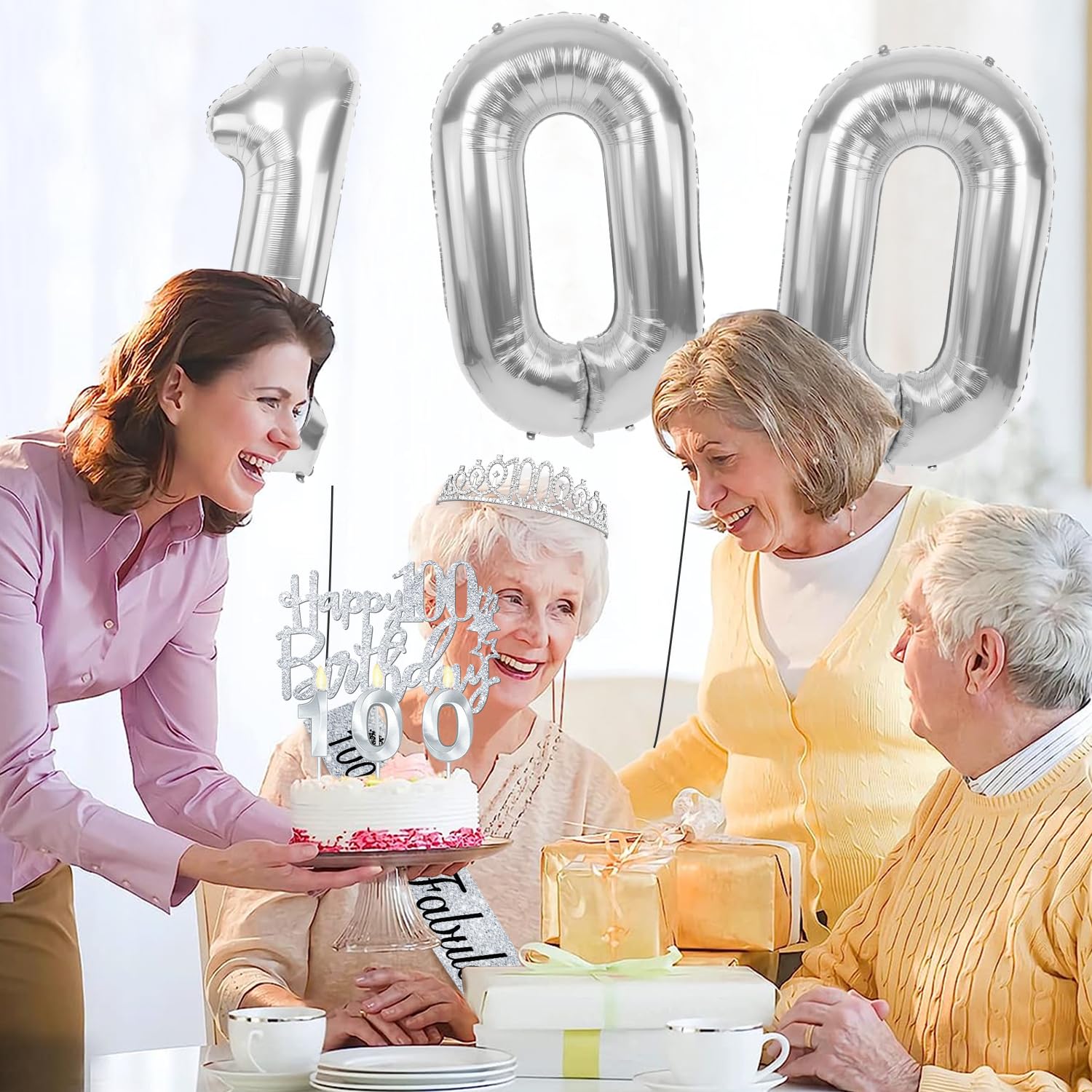 100th Birthday Decorations for Women Silver with 100th Birthday Sash and Tiara, Cake Topper and Candles, Silver Number Balloons,