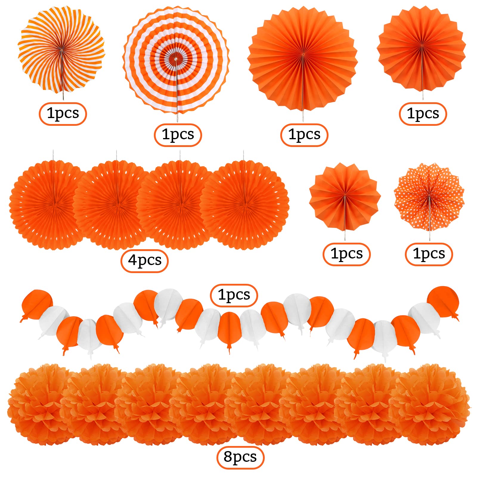 Recosis Orange Party Decorations, Papar Fans Pompoms Fans Garlands For Halloween Birthday Bridal Baby Shower Wedding Graduation