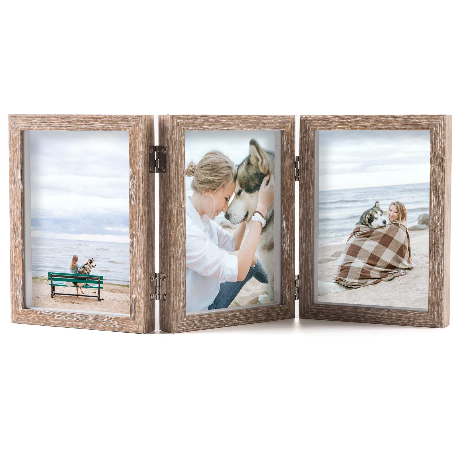 AEVETE Triple 5x7 Picture Frames Hinged Wood 3 Opening Frame Vertically Display with Glass Front
