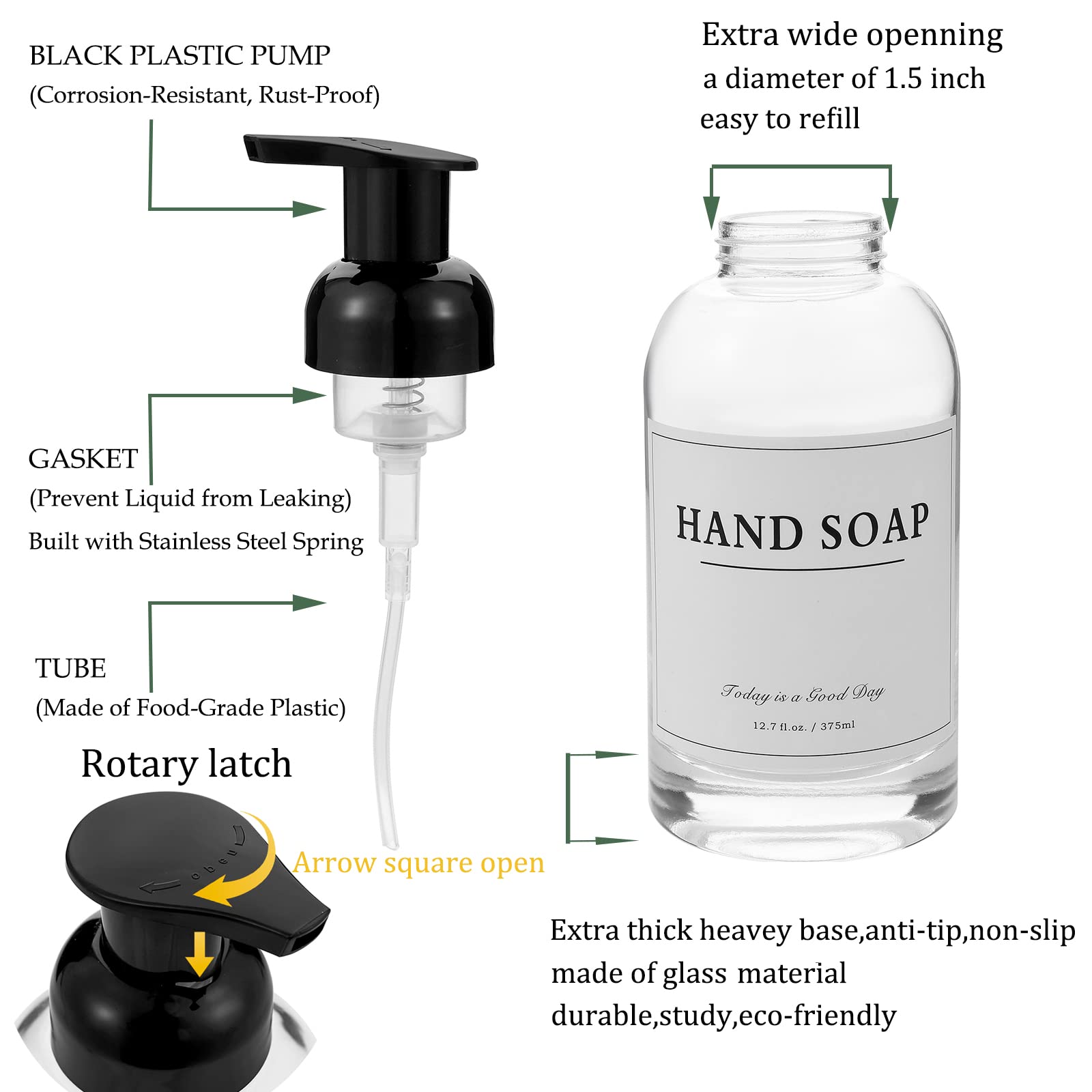 Rejomiik Foaming Soap Dispenser Thick Glass Foam For Bathroom Or Kitchen Sink, 12.7 Oz Clear Pump Bottles For Hand Soap, Body Wa
