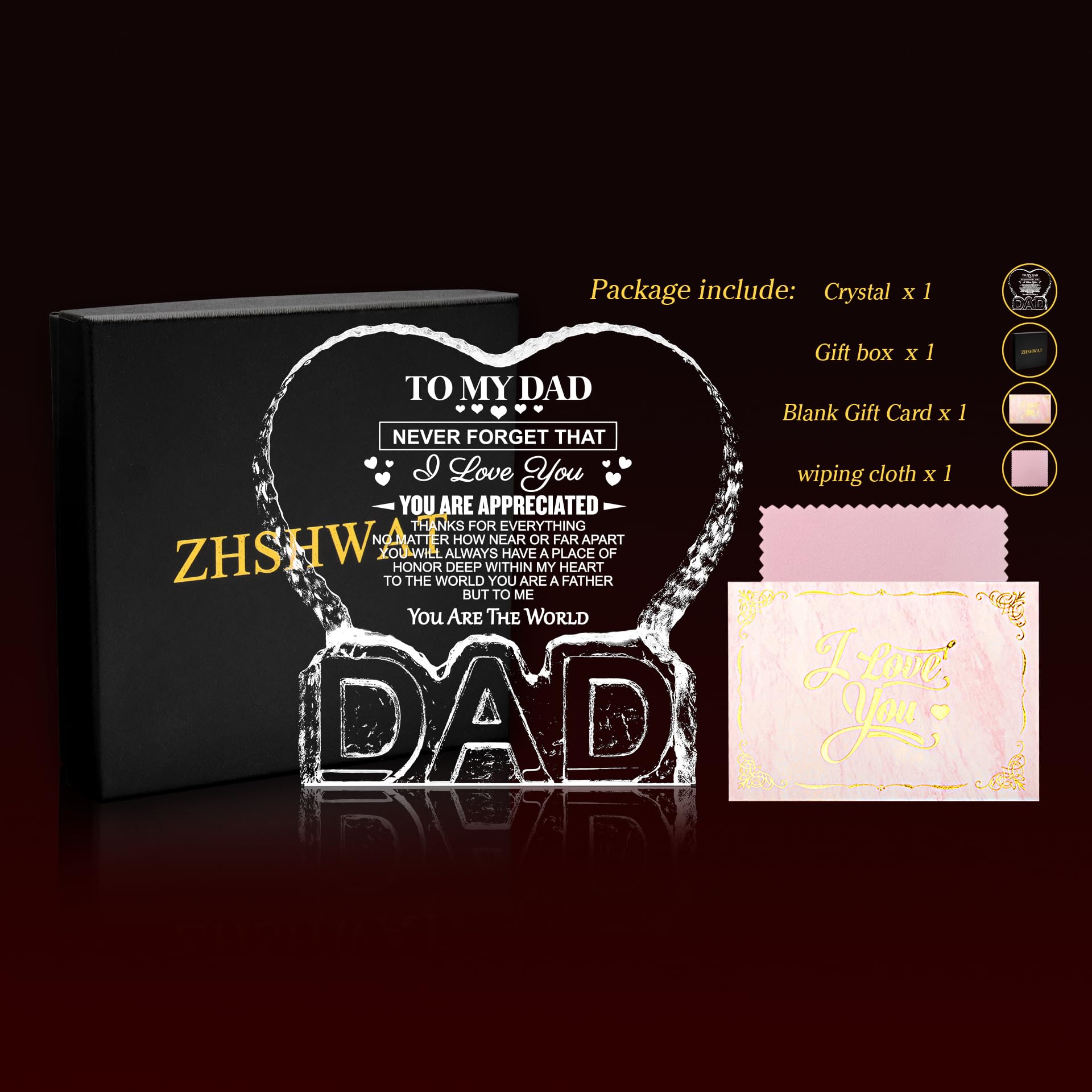 ZHSHWAT Dad Gifts for Fathers Day,K9 Crystal Keepsake Gift from Daughter Son to Dad Fathers Day Christmas Anniversaries Birthday