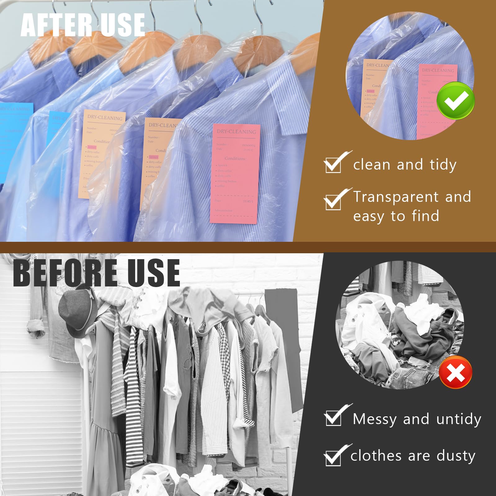 20 Pack Clear Clothes Covers For Hanging Garment Plastic Suit Bags Dry Cleaning Bags Transparent Dust-Proof Garment Covers For D