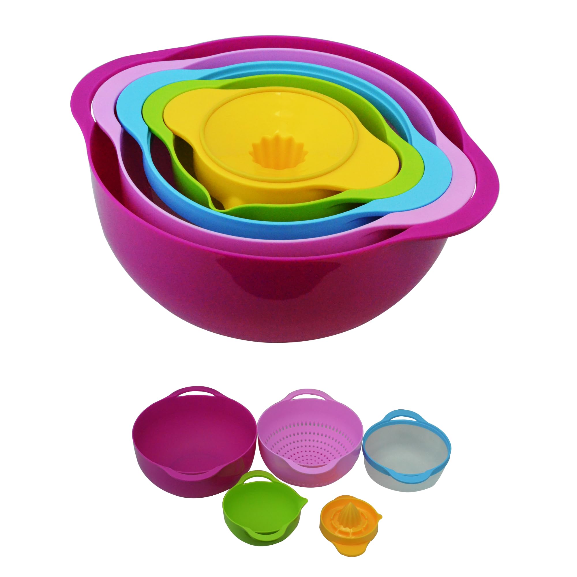 Southern Homewares 5 Piece Compact Nesting Mixing Bowl Colander Sieve Measuring Bowl Juicer Set Stackable Multi-Color