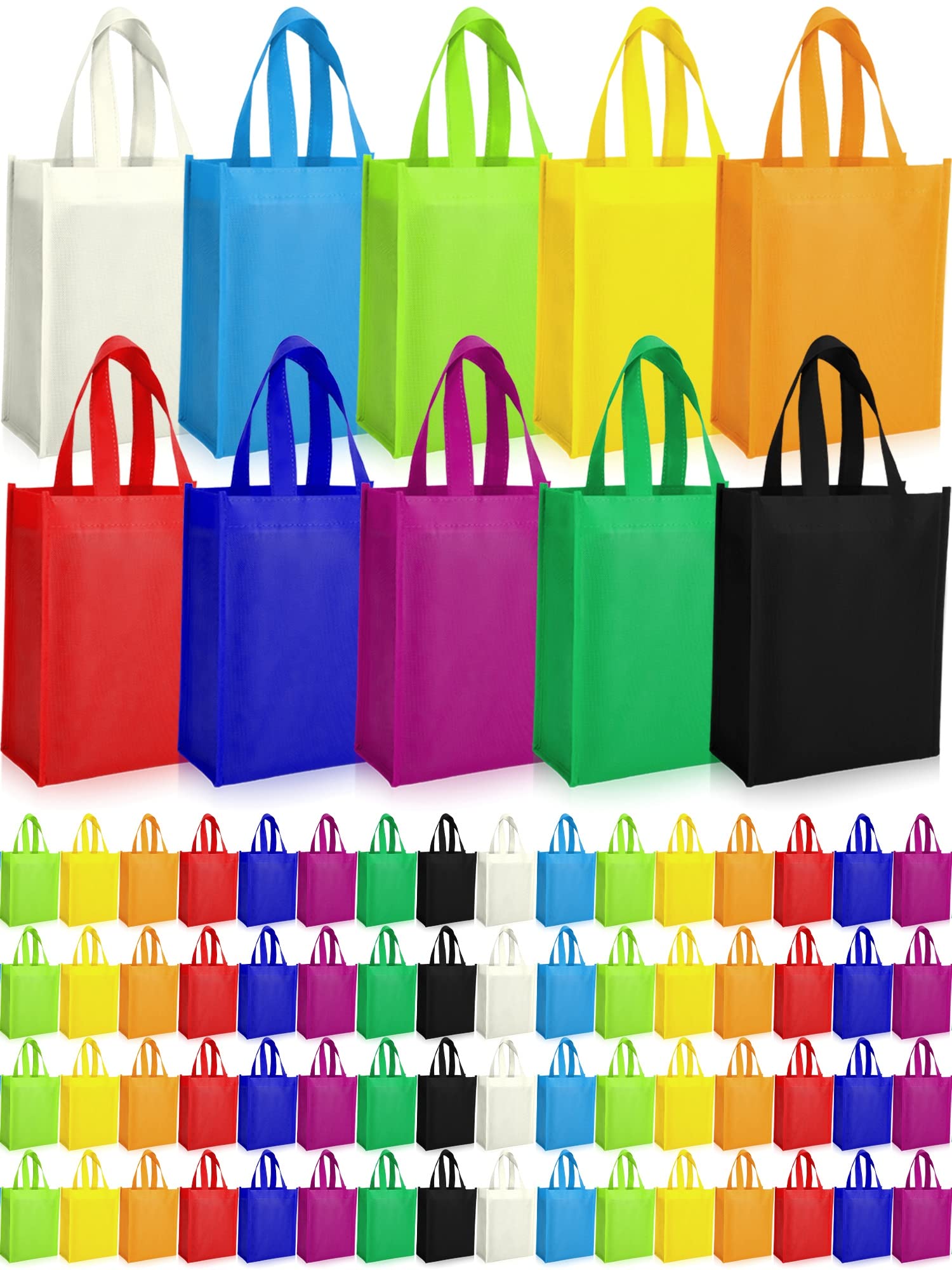 Jexine 100 Pcs Non Woven Tote Bags Large Reusable Gift Grocery Bags Foldable Fabric Shopping Bags Multi Color Party Treat Bag Re