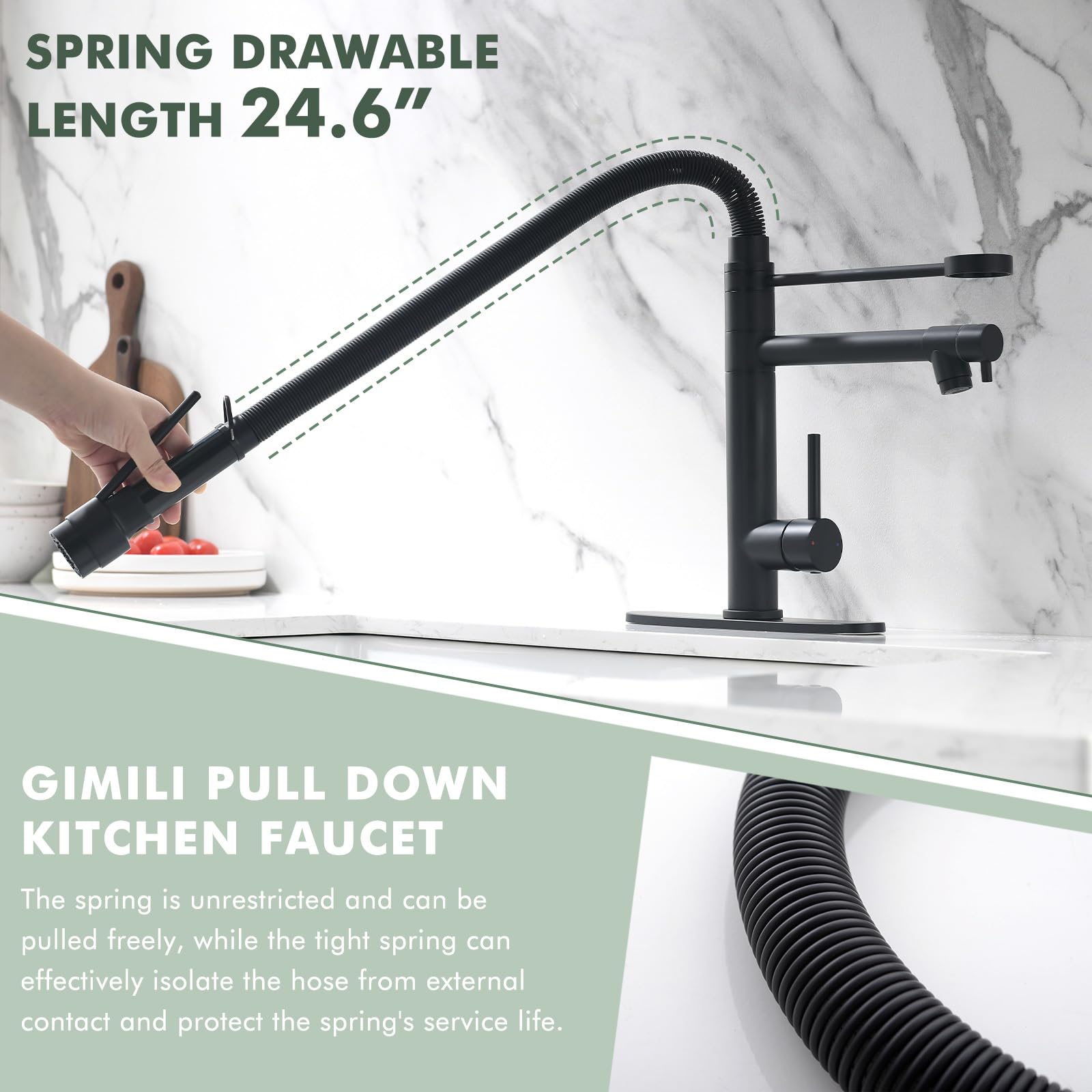 Gimili Matte Black Kitchen Faucet With Pull Down Sprayer Commercial Kitchen Faucet Double-Headed Single Handle Spring Stainless