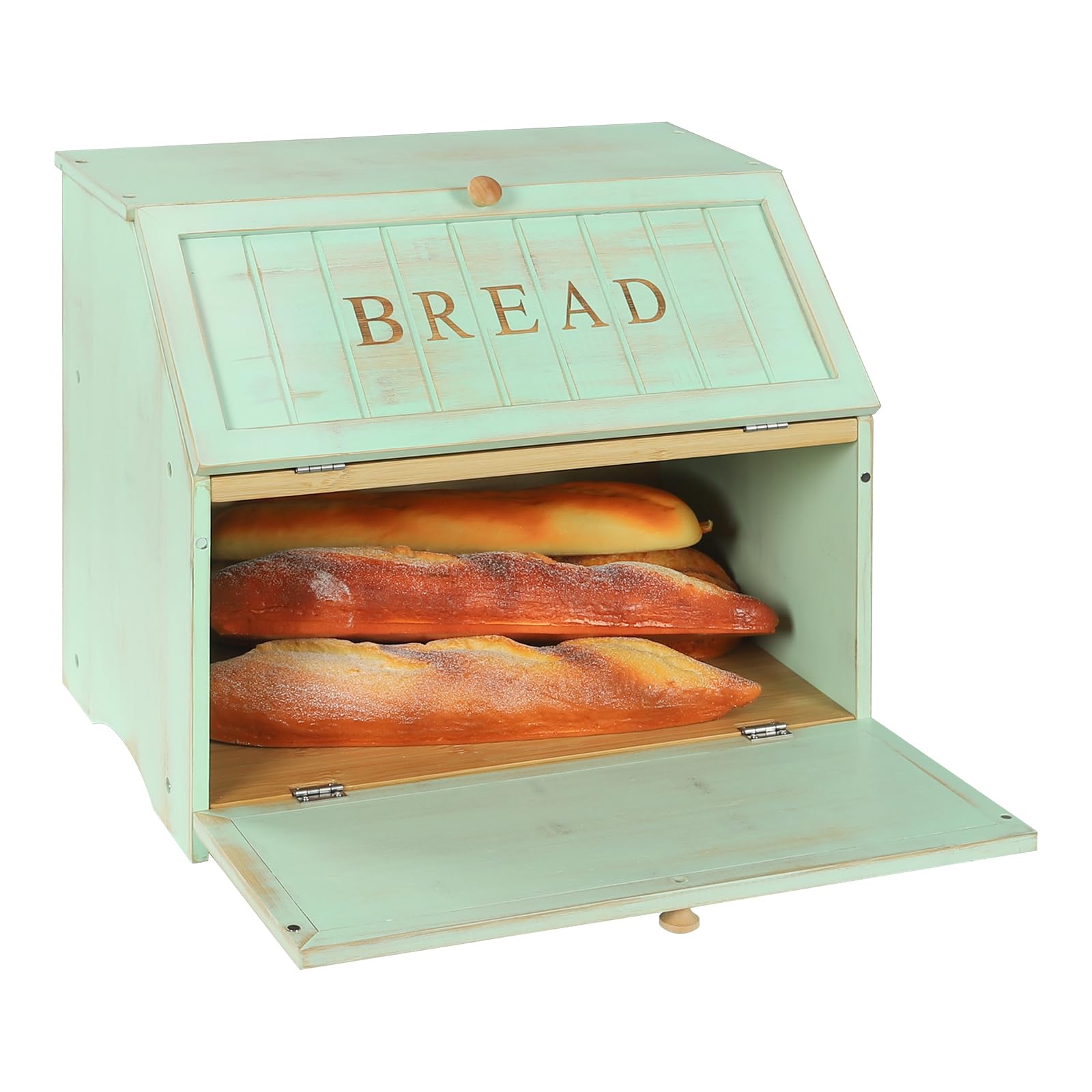 HOMEKOKO Double Layer Large Bread Box for Kitchen Counter, Retro Design Wooden Large Capacity Bread Storage Bin (Mint Green)