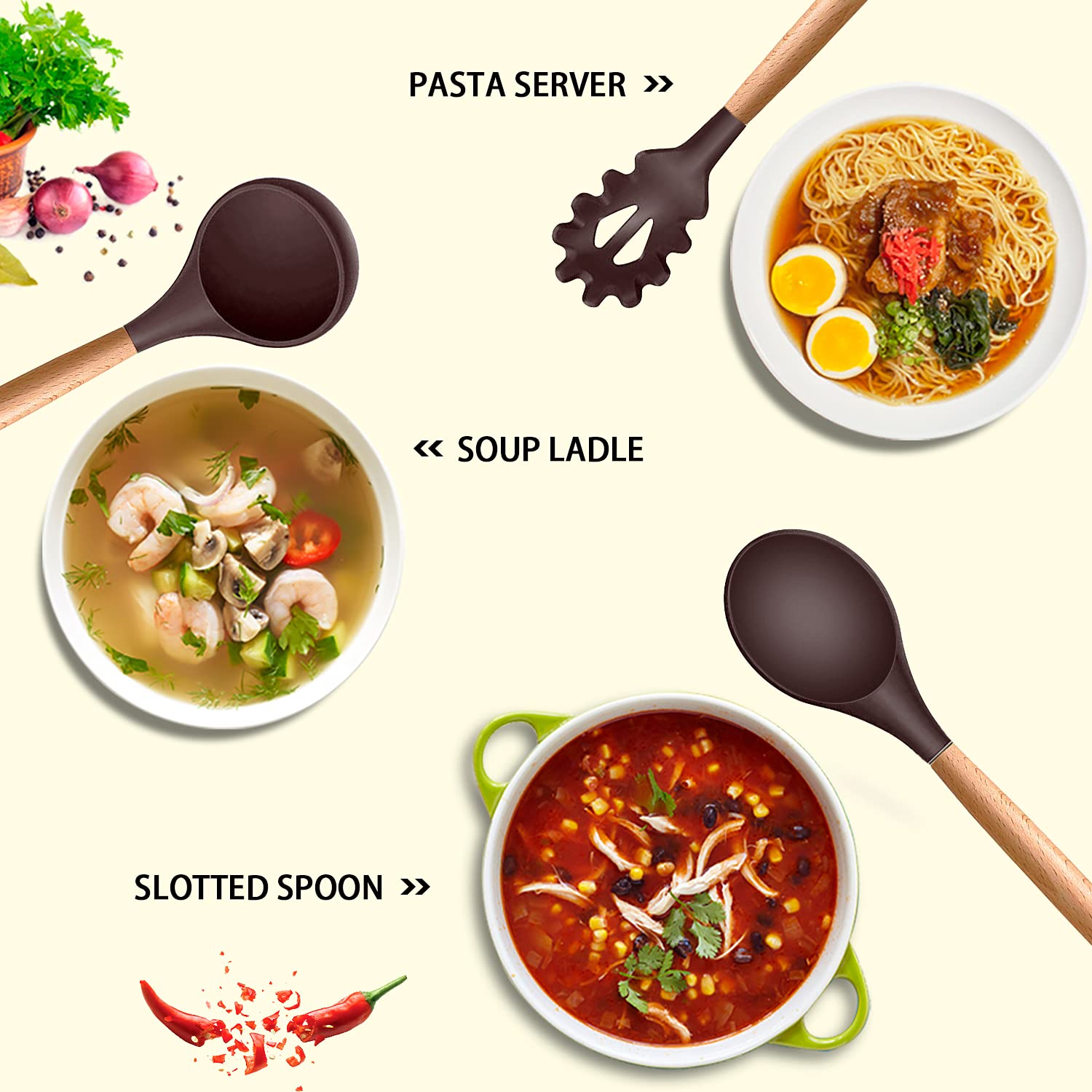 Mibote 17 Pcs Silicone Cooking Kitchen Utensils Set With Holder, Wooden Handles Bpa Free Non Toxic Silicone Turner Tongs Spatula