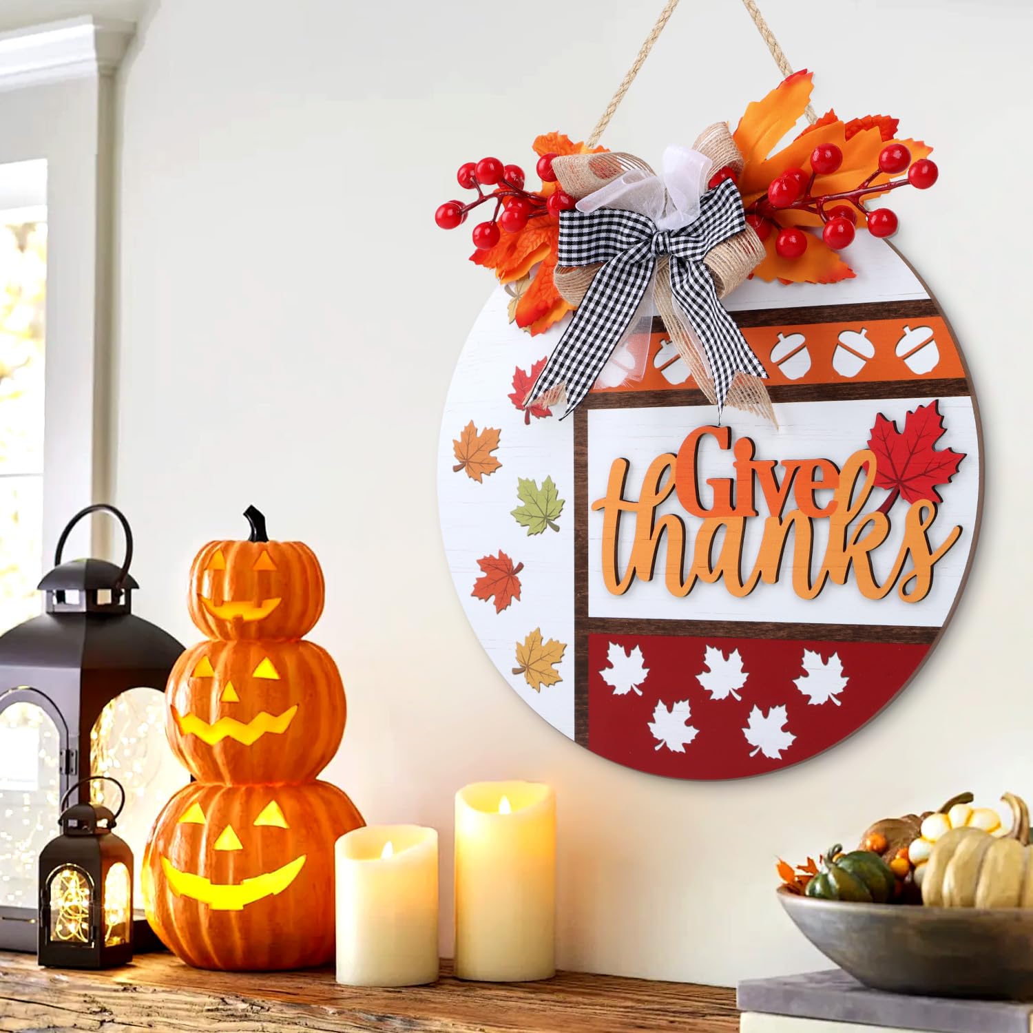 TOARTi 3D Pumpkin Hello Fall Front Door Sign Hanging(11.4''x11.4''), Rustic Autumn Hello Pumpkin Wall Sign Hanger, Farmhouse Fal