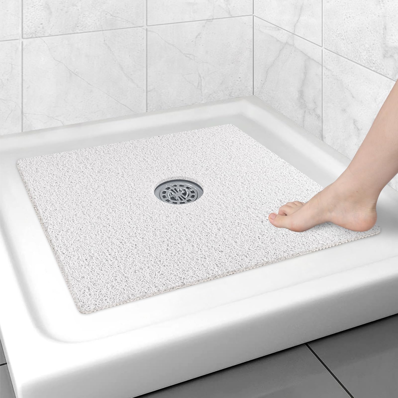 Square Shower Mat Non Slip: 24X24 Inch Shower Floor Mat With Drain Hole In Middle, Super Soft And Comfortable Pvc Loofah Massage