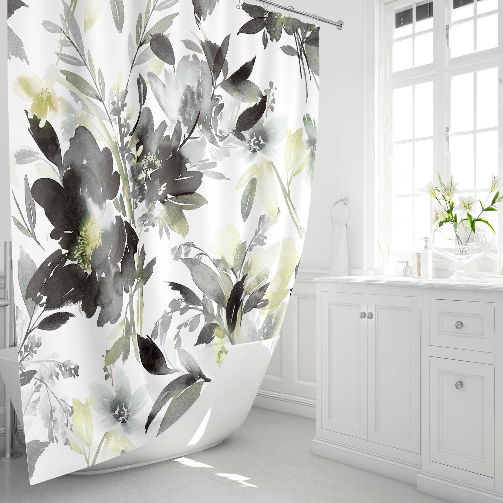 Mayzus Grey Shower Curtain, Watercolor Black Floral Shower Curtain For Bathroom, Modern Abstract Flower Decorative Fabric Shower