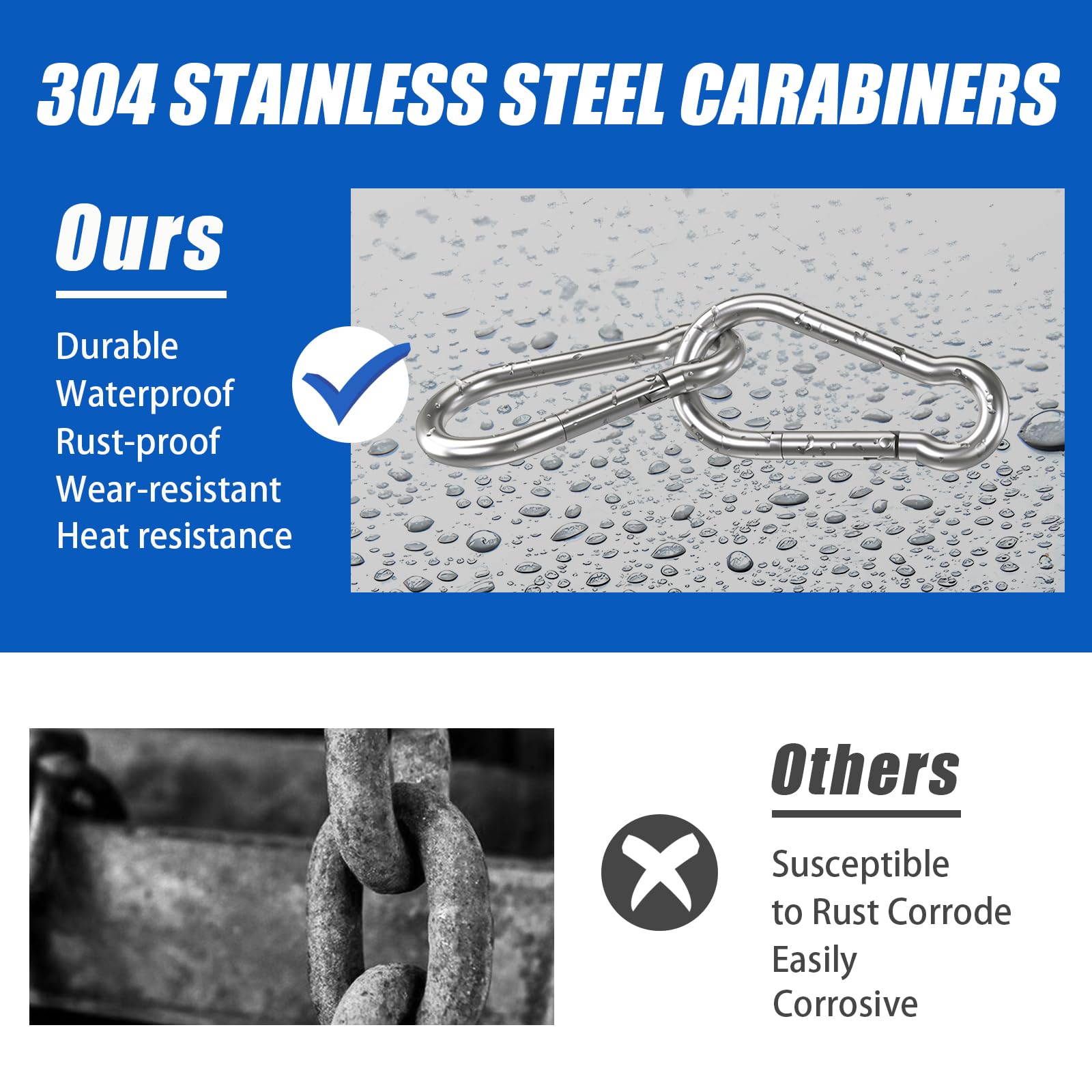 Kinklink 10 Pack 304 Stainless Steel Carabiner Clip, 315 Inch Heavy Duty Spring Snap Hook, Caribeener Clips For Outdoor Camping,