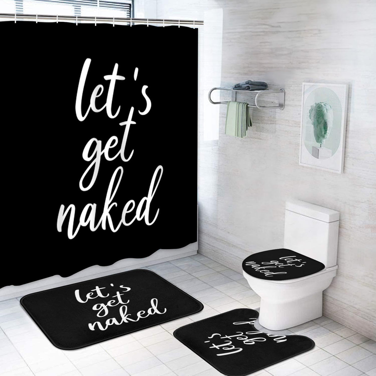 Artsocket 4Pc Shower Curtain Set With Rugs, Let'S Get Naked Bathroom Set With Non-Slip Rug, Toilet Lid Cover, Bath Mat And 12 Ho