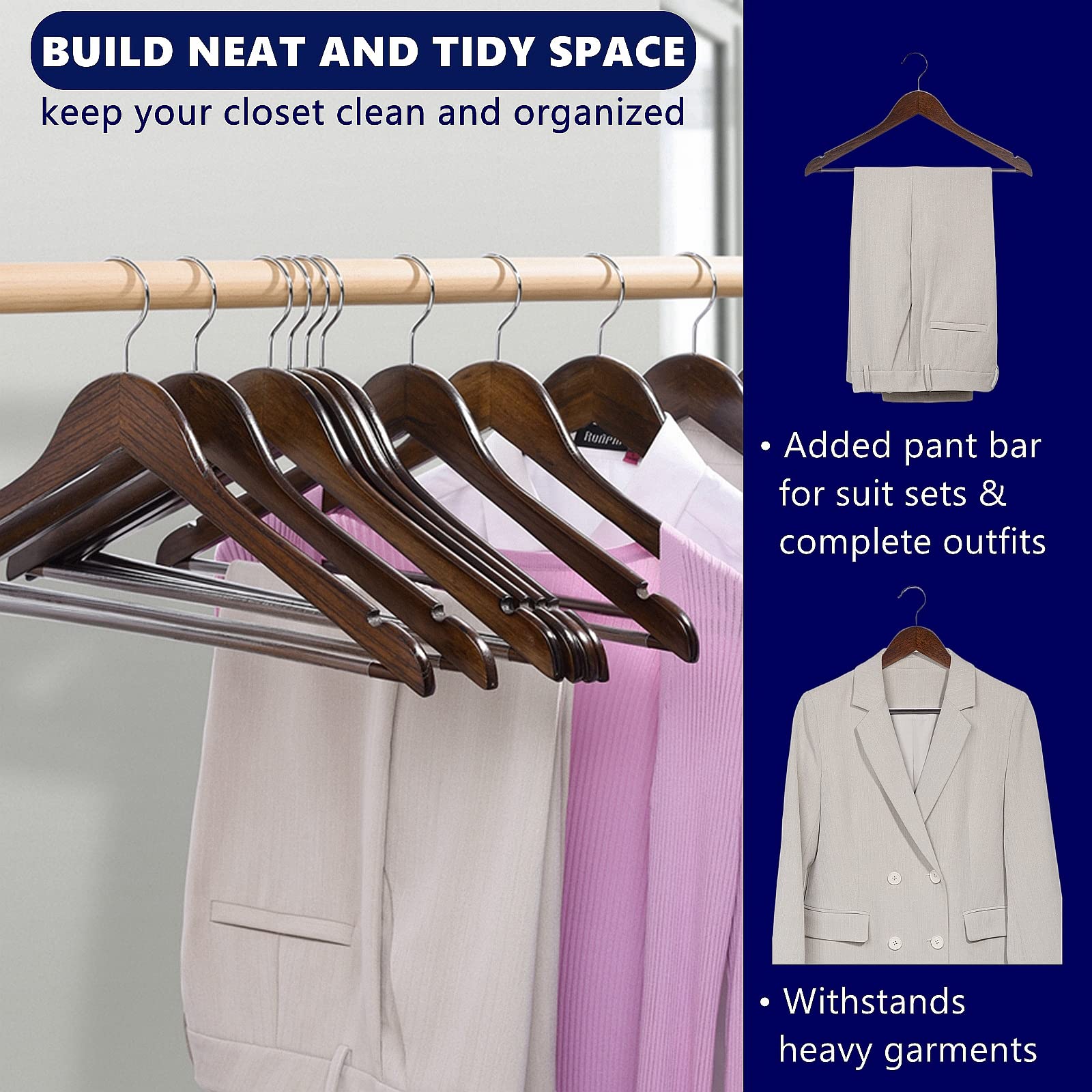 Amber Home Solid Wood Suit Coat Hangers 30 Pack  Smooth Retro Finish Wooden Dress Hangers with Non Slip Pant Bar  Clothes Hangers with 360 Swivel Hook & Notches for Jacket  Pant  Shirt (Retro  30)