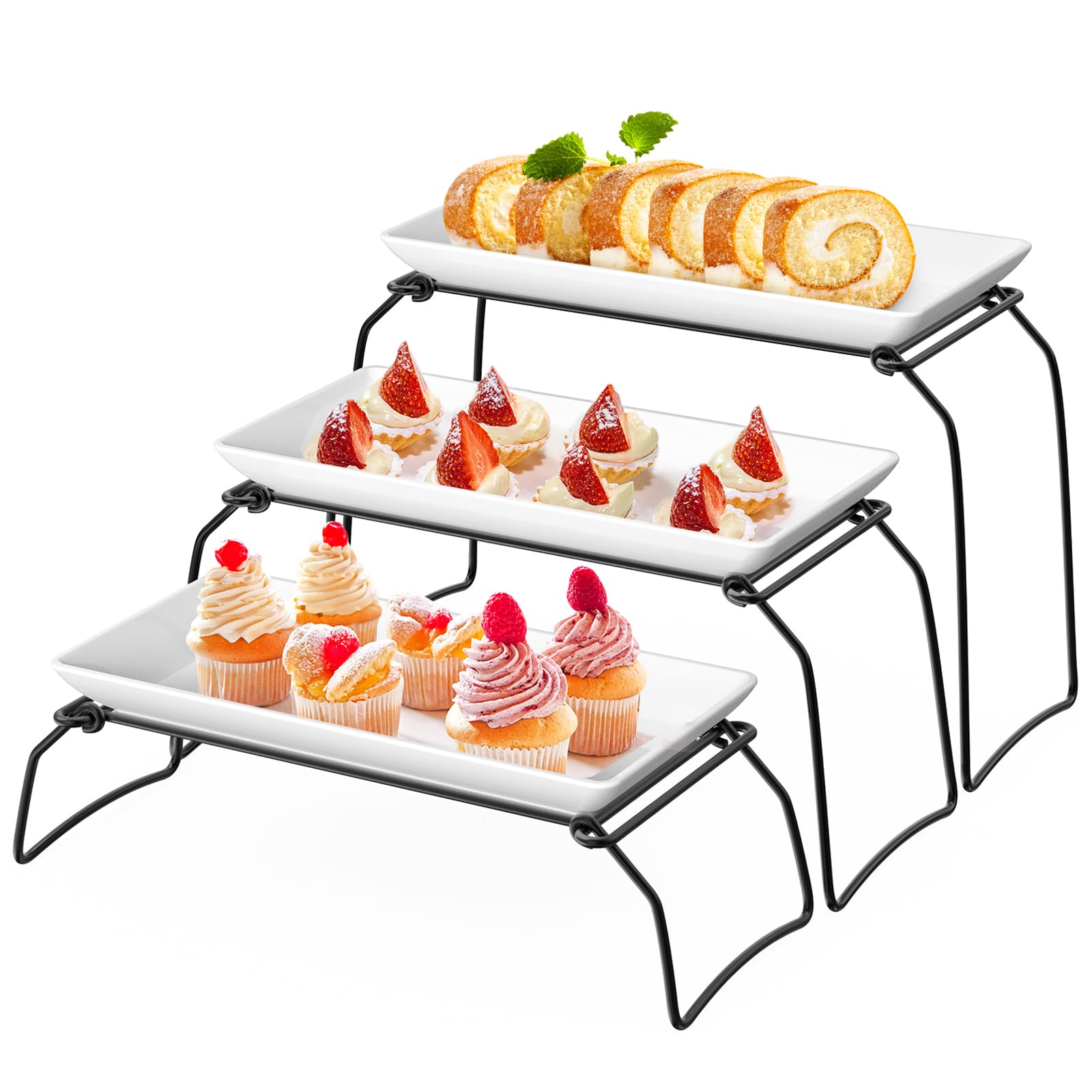 3-Tier Plastic Serving Tray Set For Party, 11.5'' Platters With 3 Collapsible Metal Stand For Sevring Food, Dessert, Veggie, Fru