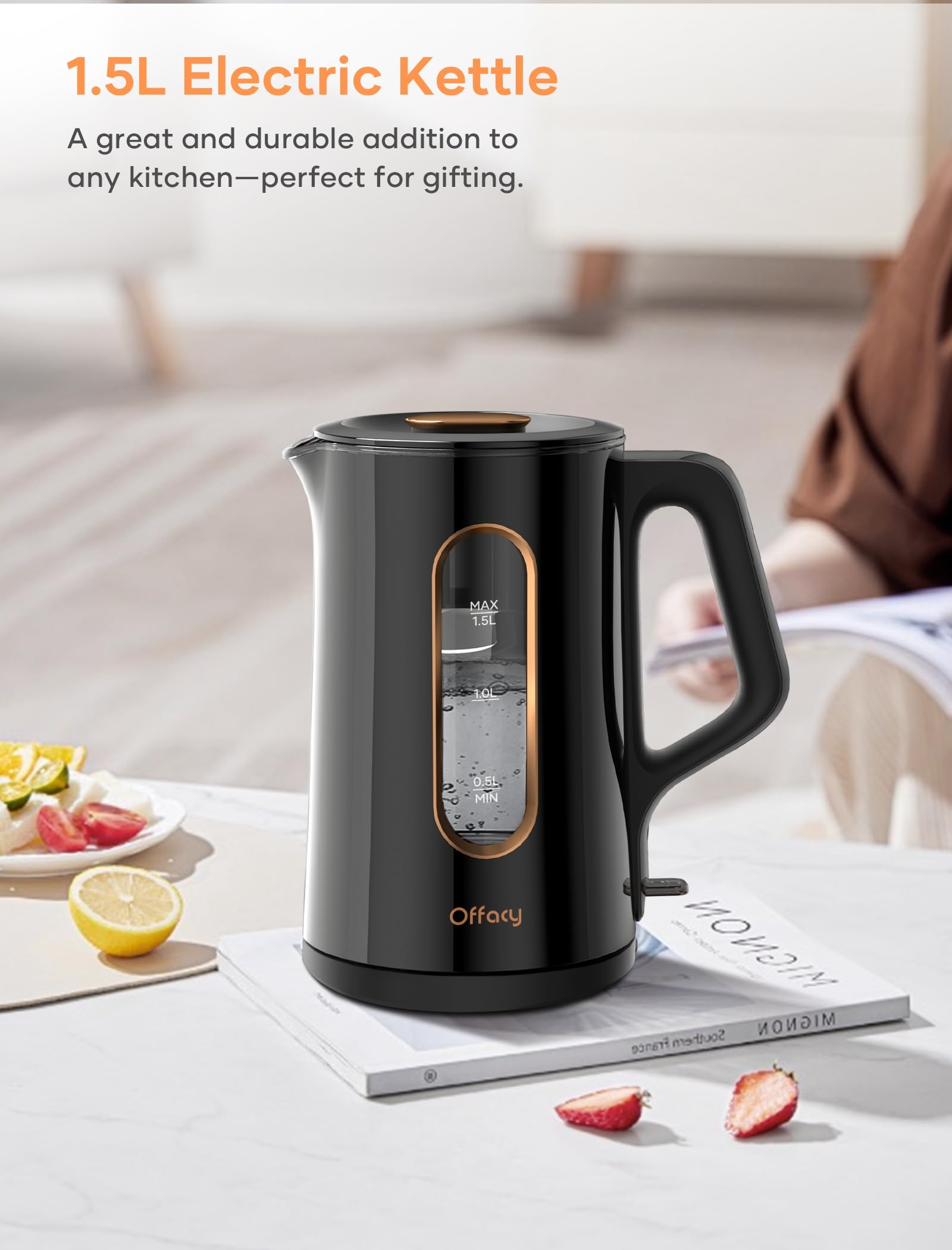 Offacy Electric Kettle, Tea Kettle Pot, Double Wall Glass Inner 1.5L/1200W, Hot Water Kettle Teapot Boiler & Heater With Automat