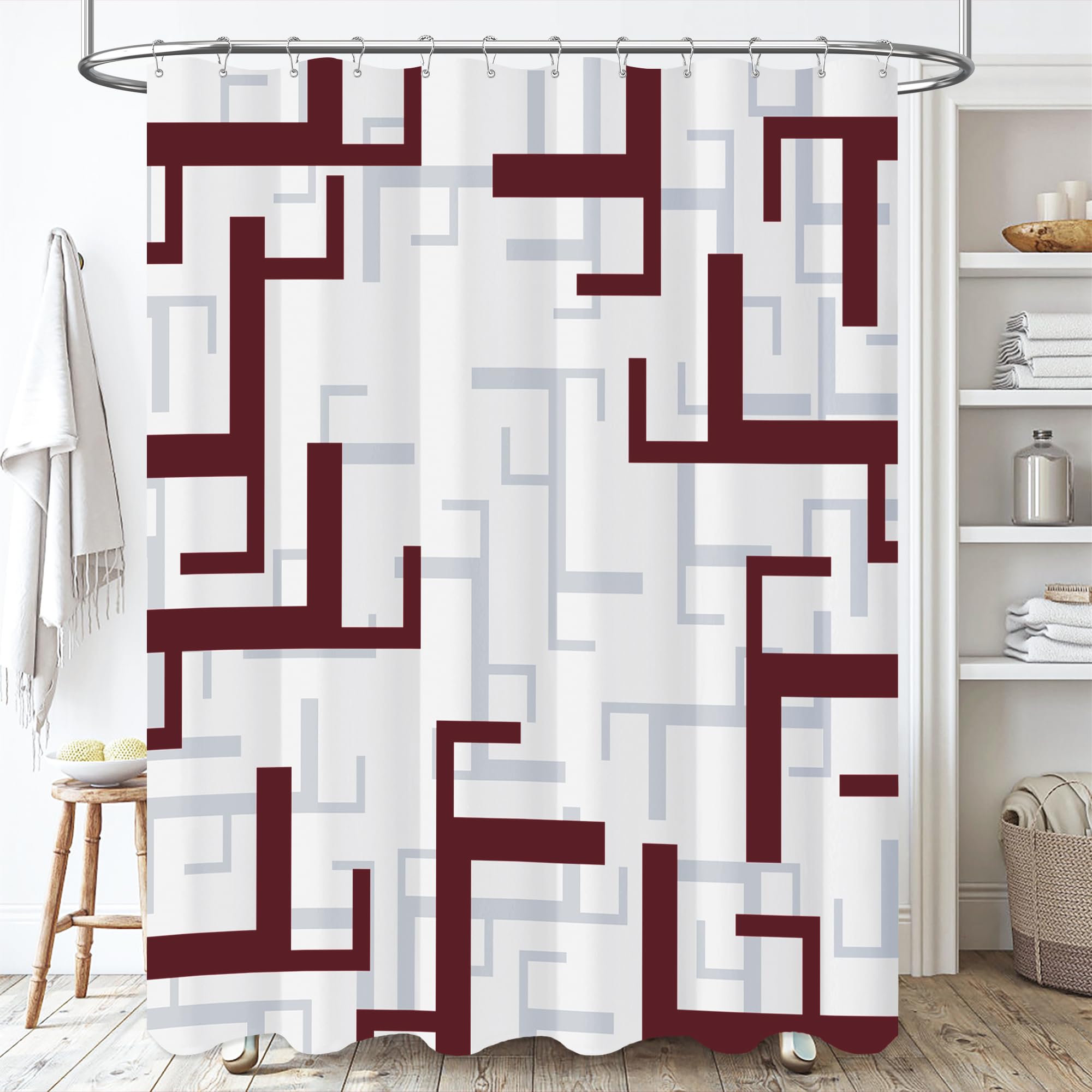BTTN Burgundy Fabric Shower Curtain  Geometric Cloth Shower Curtain Set with 12 Plastic Hooks  Water Repellent  Machine Washable  Hotel Modern Decorative Polyester Shower Curtains for Bathroom  72x72